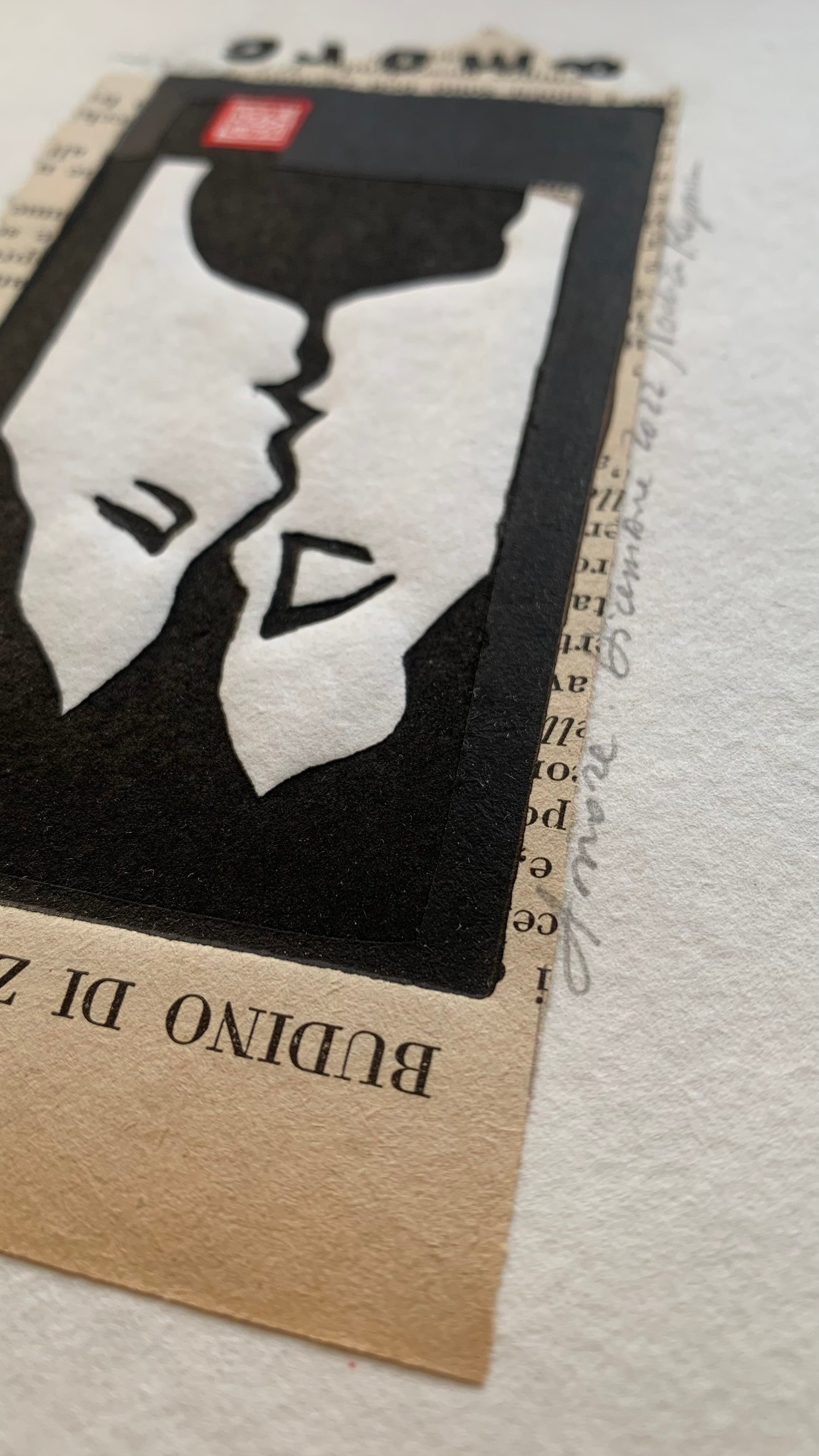 Small print, linocut, linogravure, linograbado, hand print, lovestory, family story, collage, collage art, collage print, love, lovers, amanti, kiss, bacio, budino, couple, love story, memory, recipe, potion, attraction, desire, destiny 