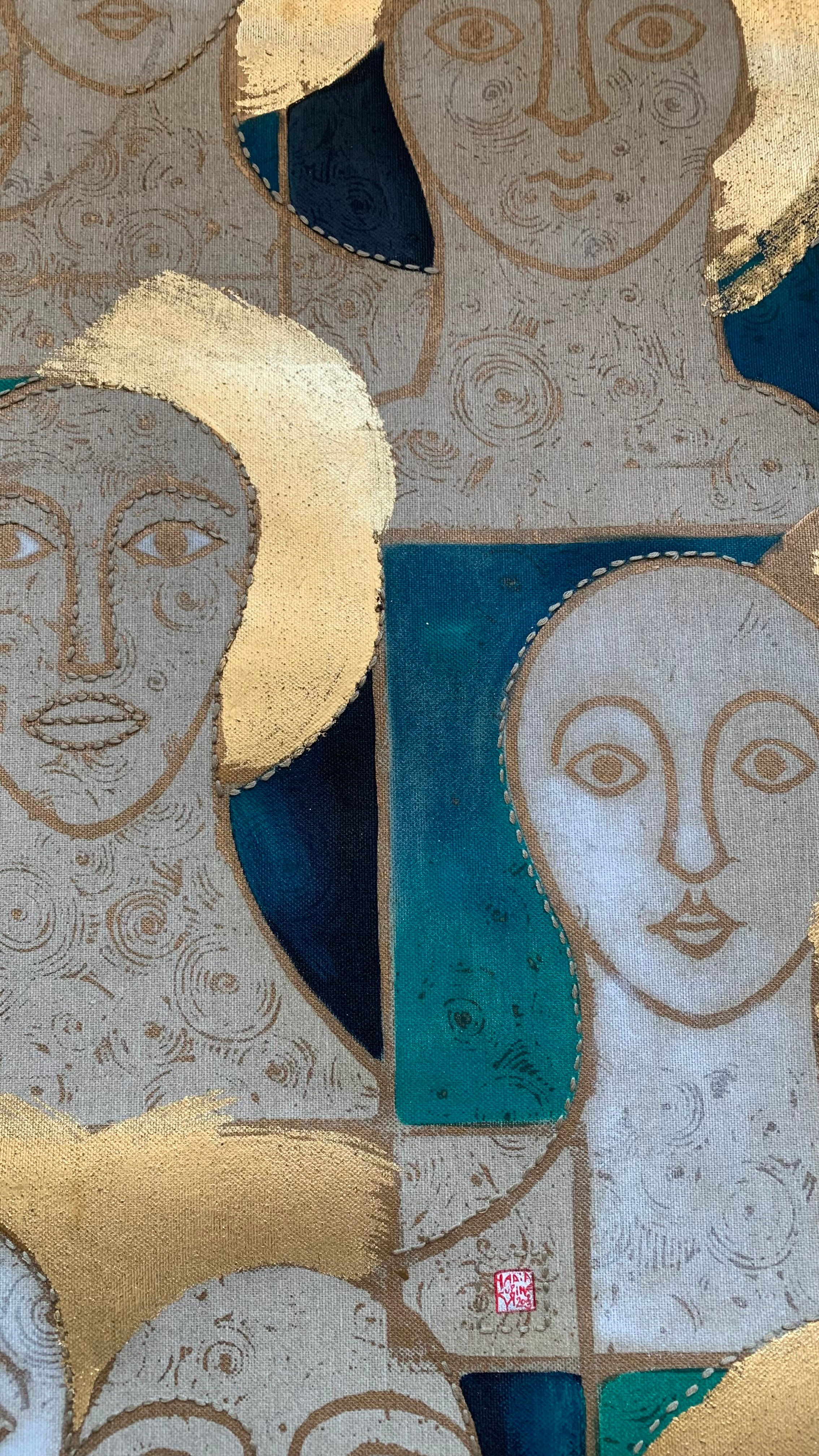 HOLY FACES (2023) is a large-scale work (117 × 160 cm) that combines conceptual rigor with refined material richness. The modular repetition of three faces, printed in linocut with golden ink, creates an intense and hypnotic choral presence. Hand stitching, oil painting, and gold leaf interventions make each section unique and unrepeatable.Exhibited three times — twice in abbeys and once in a prestigious winery — and published in a catalogue, the work represents a key piece in Nadia Kuprina’s artistic research, ideal for a collection attentive to the dialogue between contemporary art, spirituality, and craftsmanship.