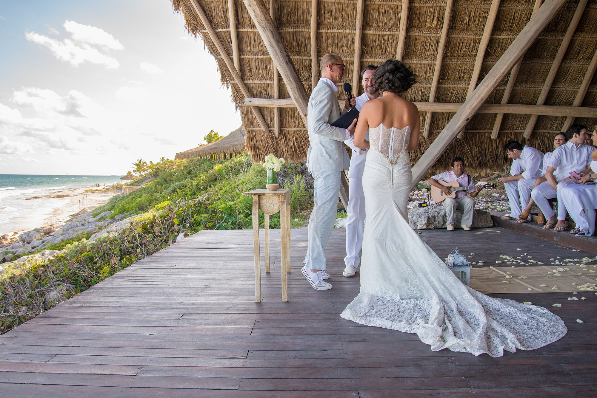 Wedding dress detail in Los Cabos – bride gown flowing during oceanfront wedding celebration