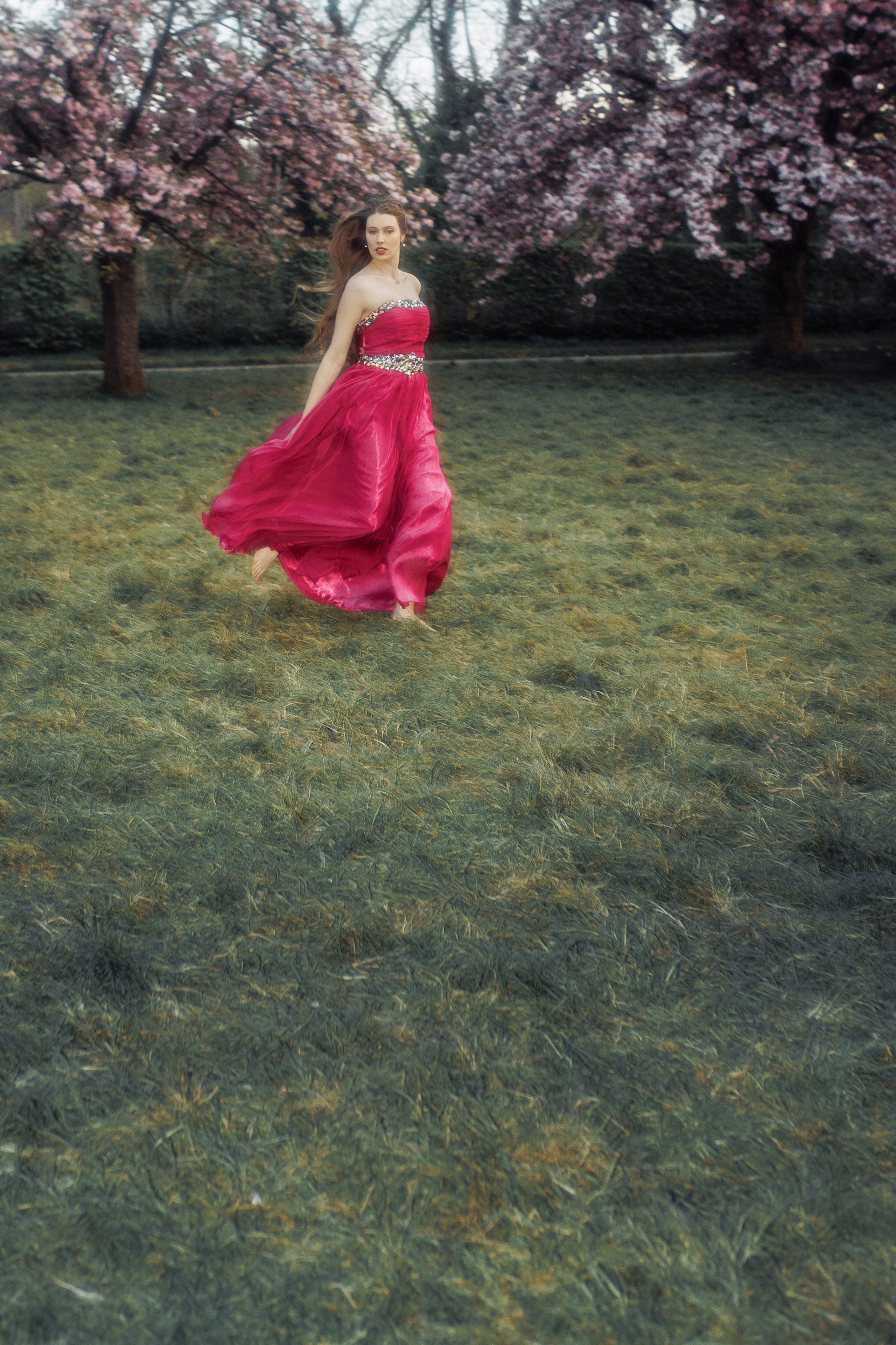 Анастасия идёт по аллее сакур в атмосферной фотосессии