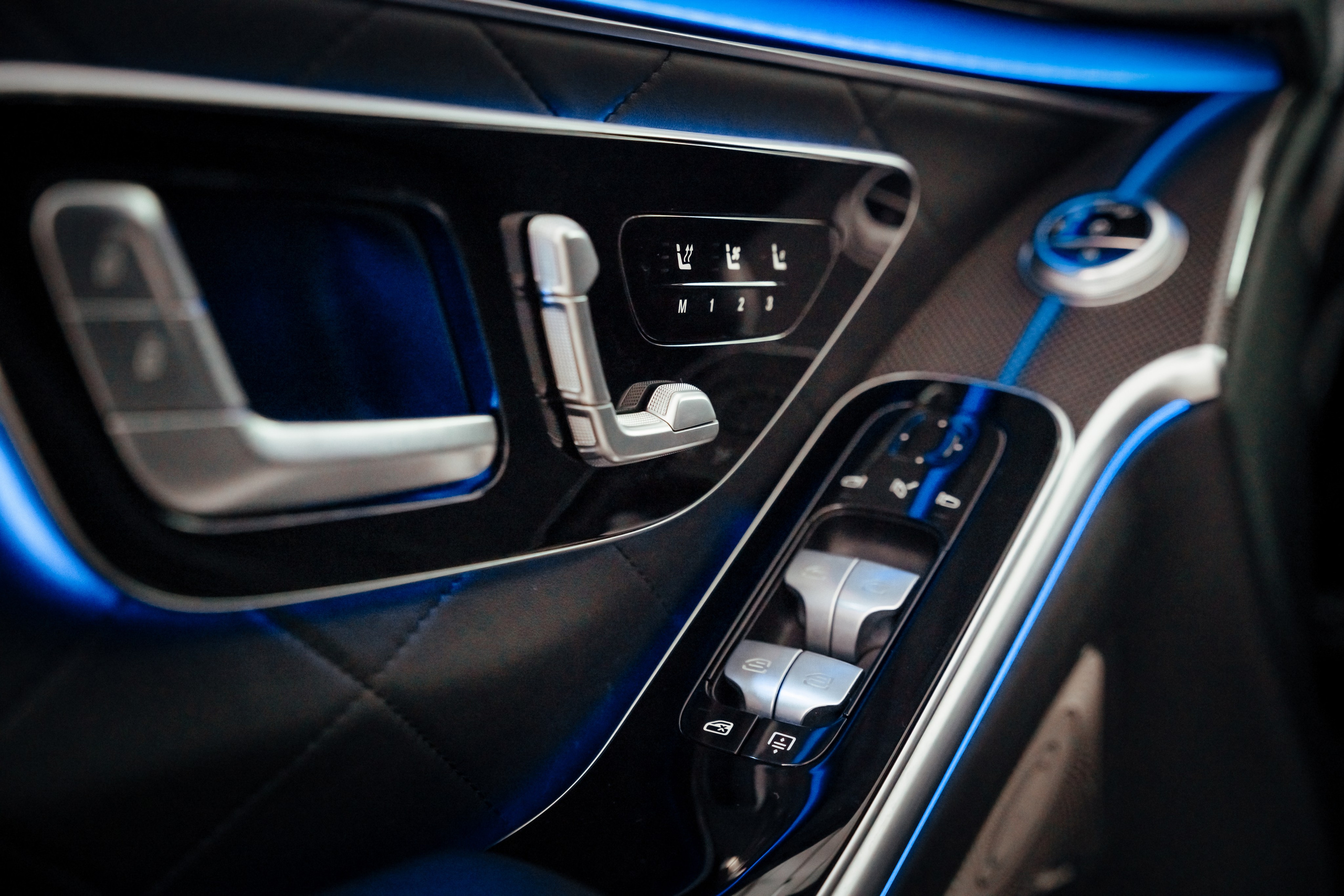 mercedes door function menu with neon light and carbon coating