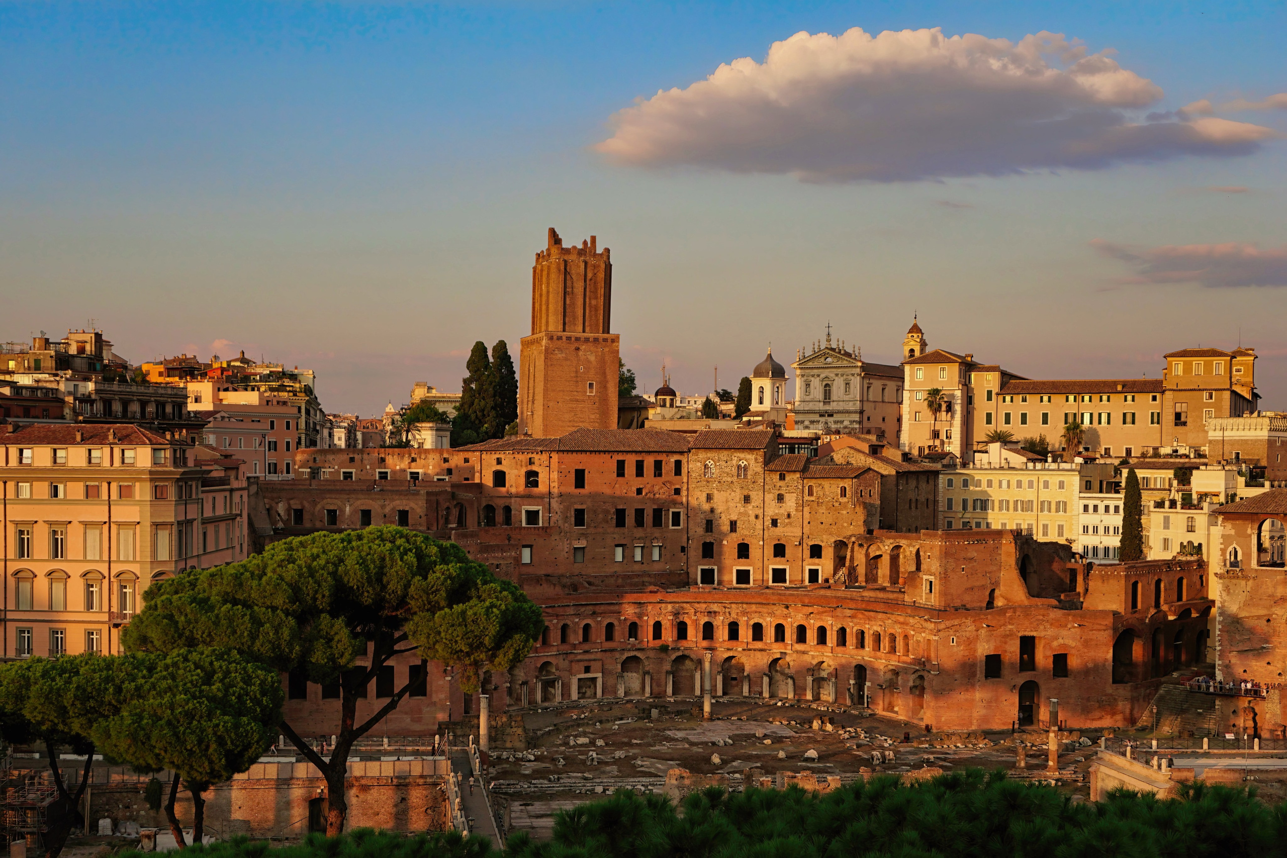 Photography of Italy – Trajan’s Market and the Tower of the Milizie in Rome at sunset, photographed as part of a photography book about Rome.