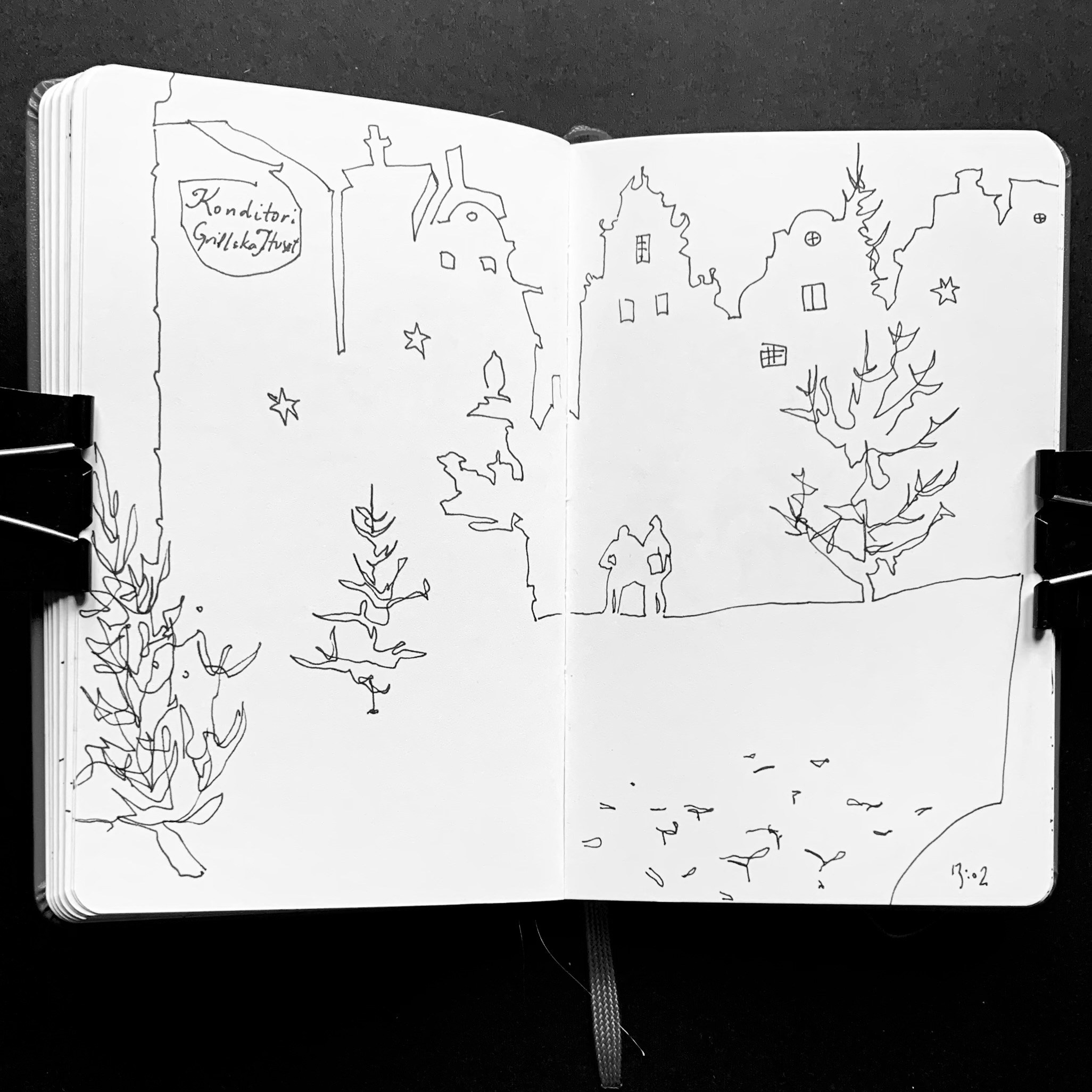 Disegni in bianco e nero su taccuino Moleskine realizzati a Stoccolma nel corso di molti viaggi, parte di una ricerca artistica e progetto espositivo a lungo termine. Hötorget ritat av illustratören Nadia Kuprina.