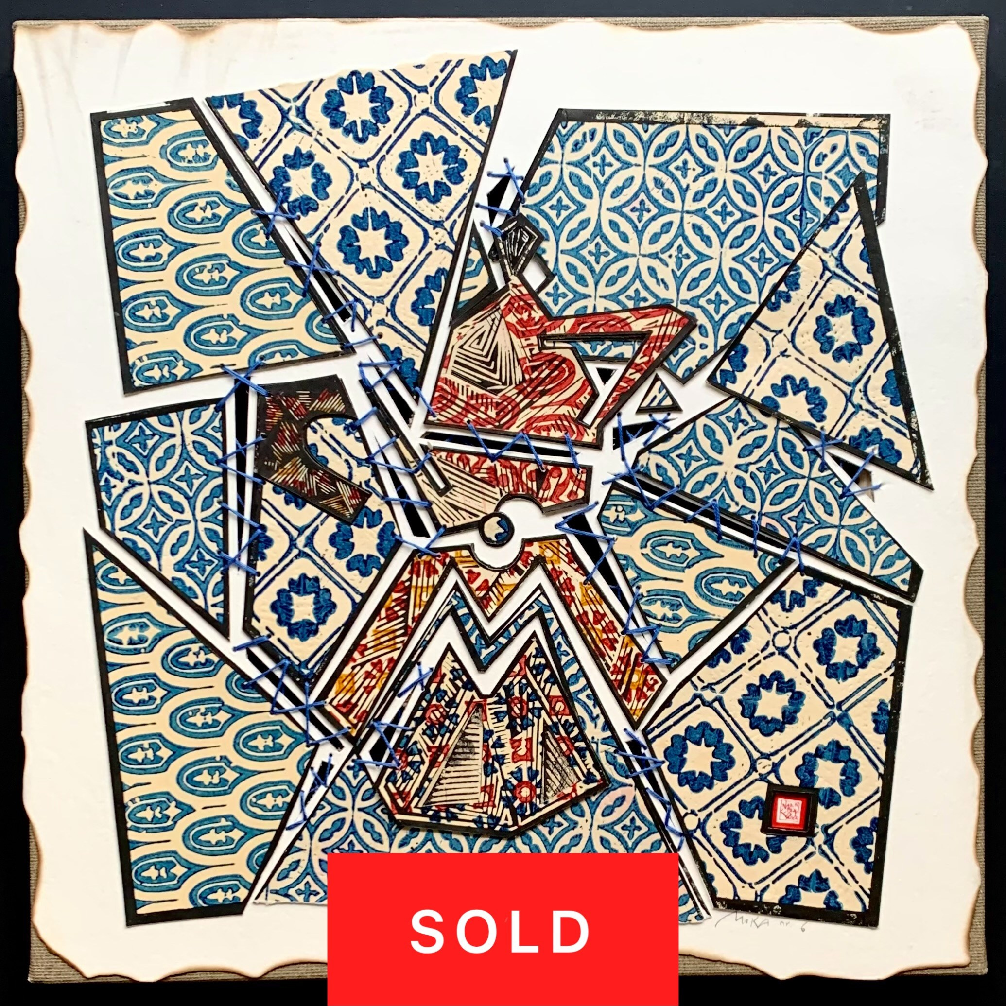 Collage, mixed media, moka, Italian coffee, design, paper, pattern, canvas, textile, sewing, music score, old paper, collection, linocut print, handmade, coffee, square, art collection, caffettiera, legend, sold