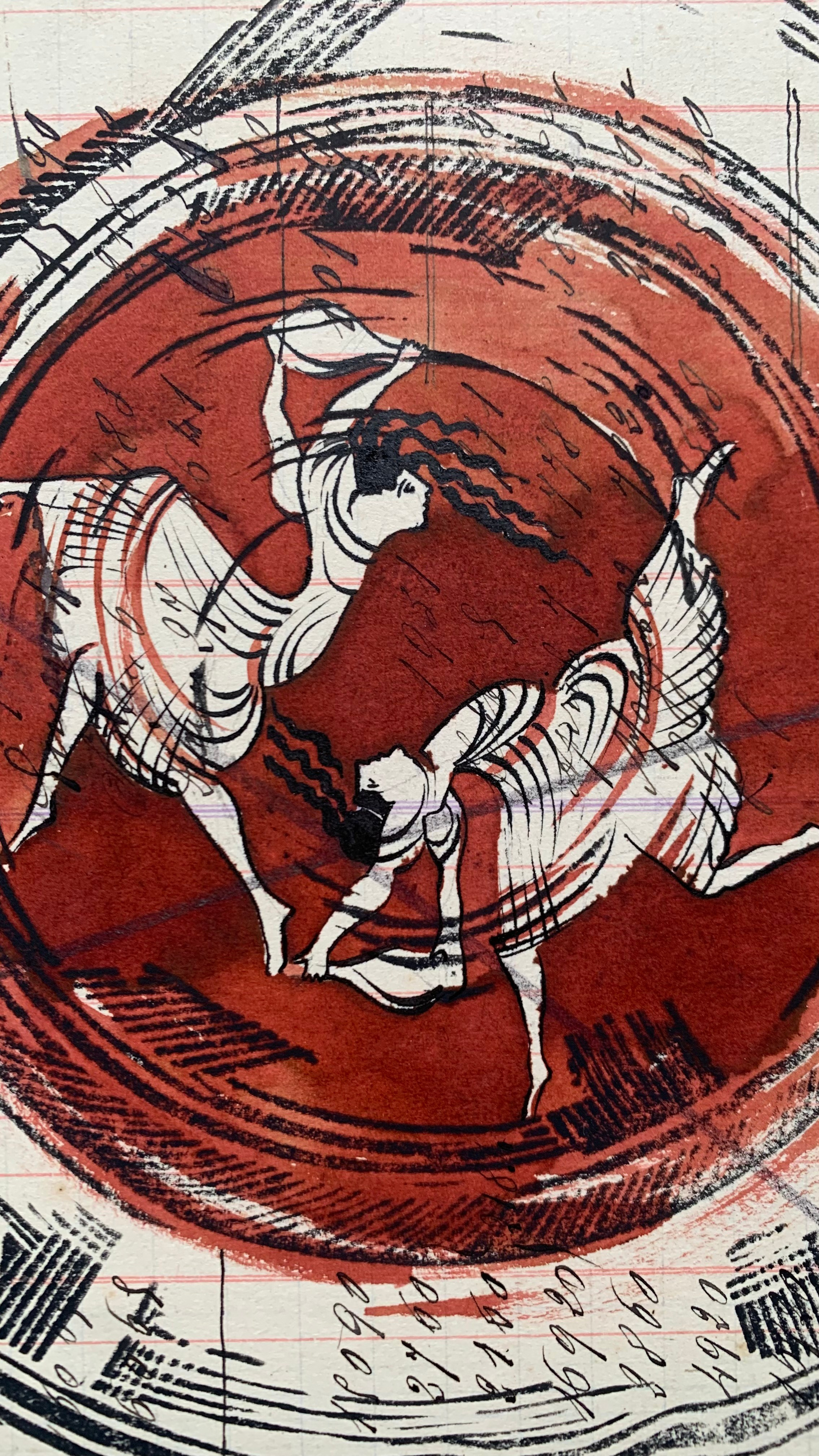 In Panem Quotidianum, Nadia Kuprina trasforma un registro contabile del 1918–1930 in un’opera che unisce memoria e gesto contemporaneo. Ogni pagina — con il nome e gli acquisti di un cliente — diventa un pezzo unico, identificato dal suo numero originale. I piatti e le posate sono stampati a mano in linoleografia; il piatto, dipinto in inchiostro seppia, richiama le decorazioni dell’antica Grecia. Il risultato è un dialogo tra antico e moderno, dove la tradizione della decorazione dei piatti incontra la riflessione sul pasto condiviso come racconto di vita.