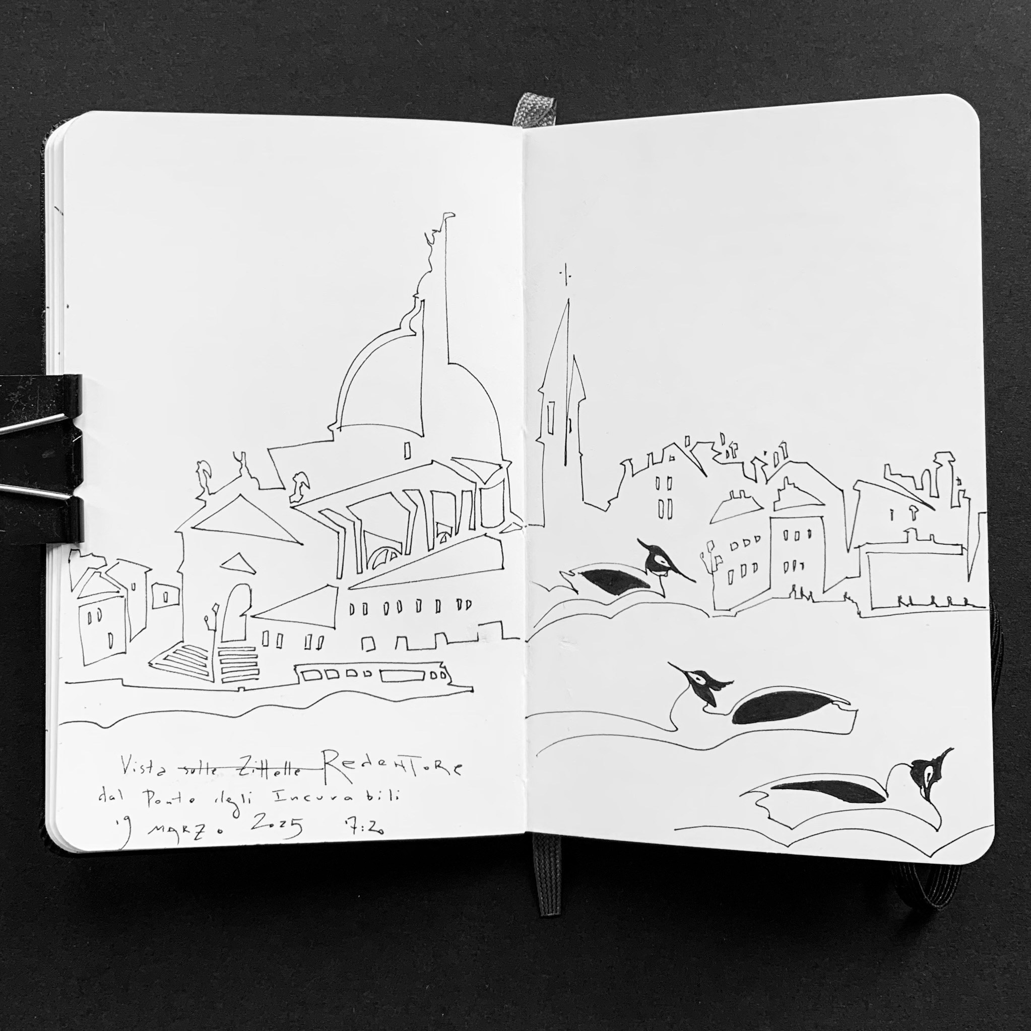 Moleskine notebook with original hand-drawn works on paper created in Venice, part of Nadia Kuprina’s contemporary drawing practice. Water, birds and Venetian architecture.