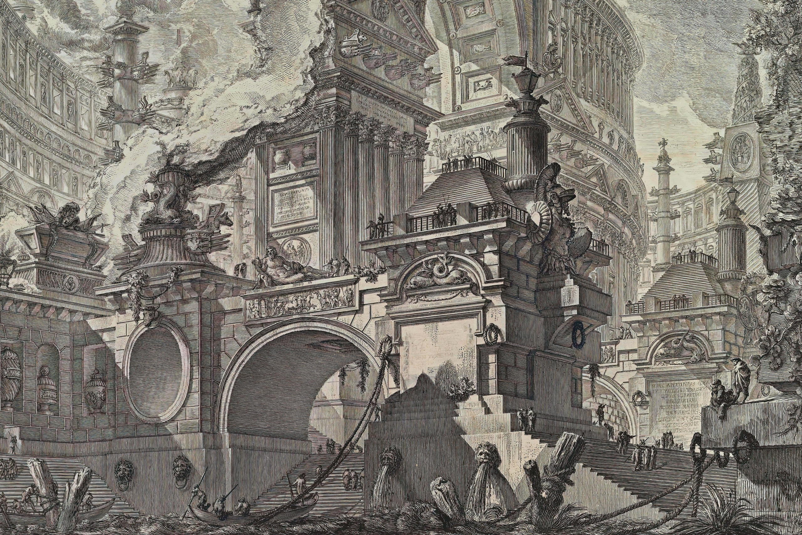 Photography of Italy – Giovanni Battista Piranesi etching of Roman antiquities with architectural perspectives and grotesques, 1749, included in a photography book about Rome.