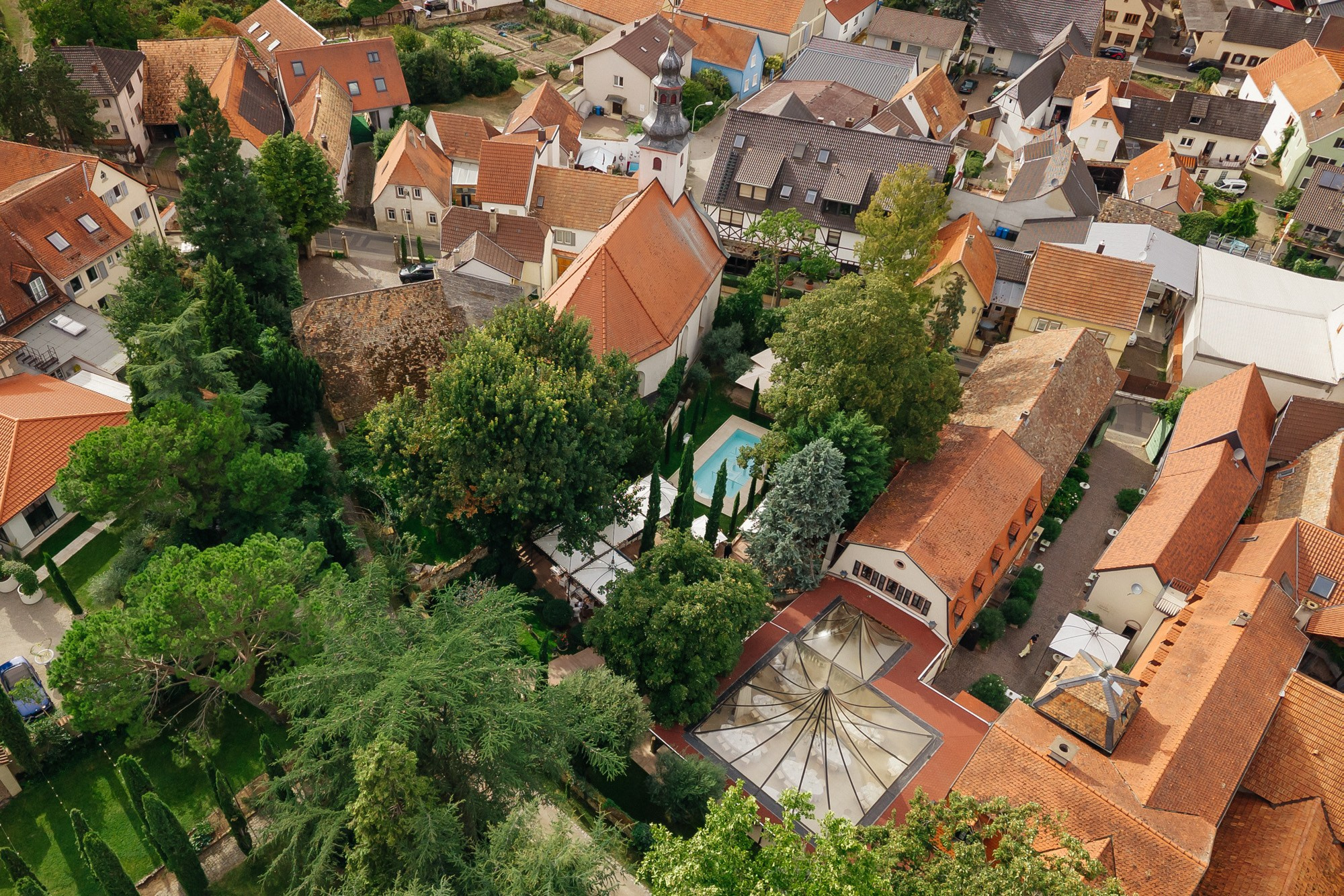Aerial view of the rooftops of Großkarlbach around the Morrhof