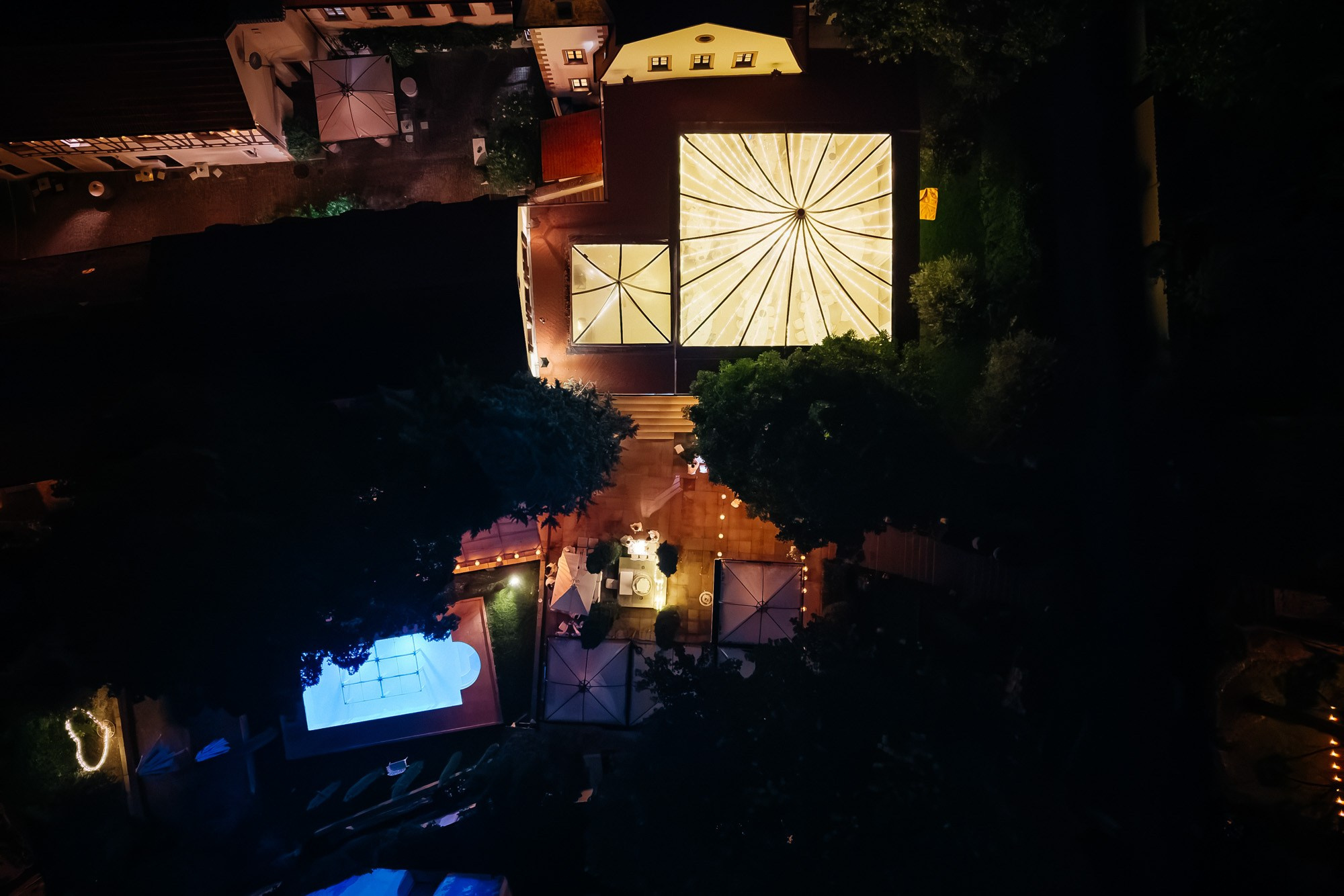 Night drone shot of the illuminated Morrhof