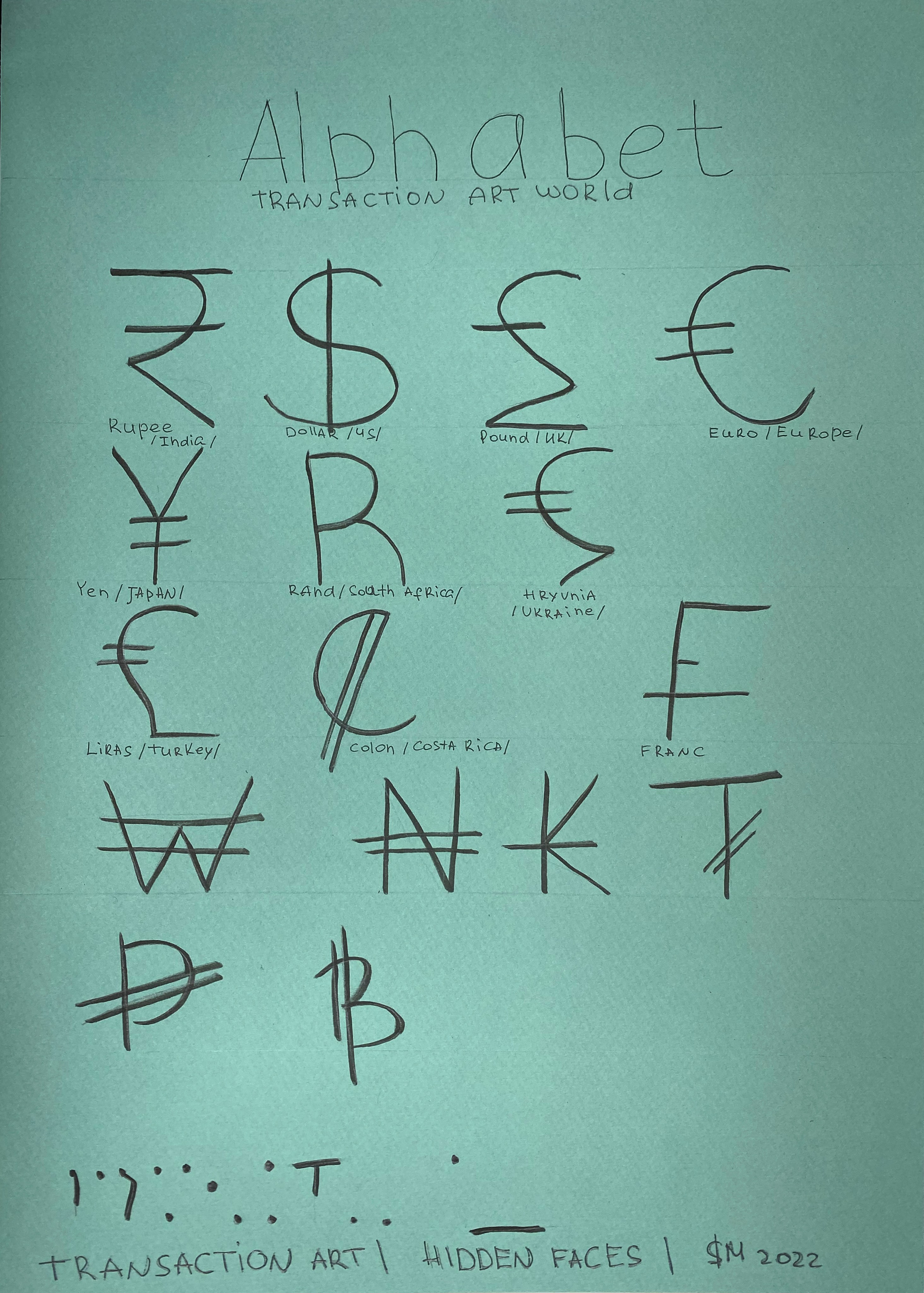 Transaction Art's linguistic system: An original alphabet composed entirely of global currency symbols ($, ¥, €, £), phonetically read as Hebrew. This conceptual language merges financial iconography with cultural hybridity, creating a visual and auditory bridge between economic systems and identity.