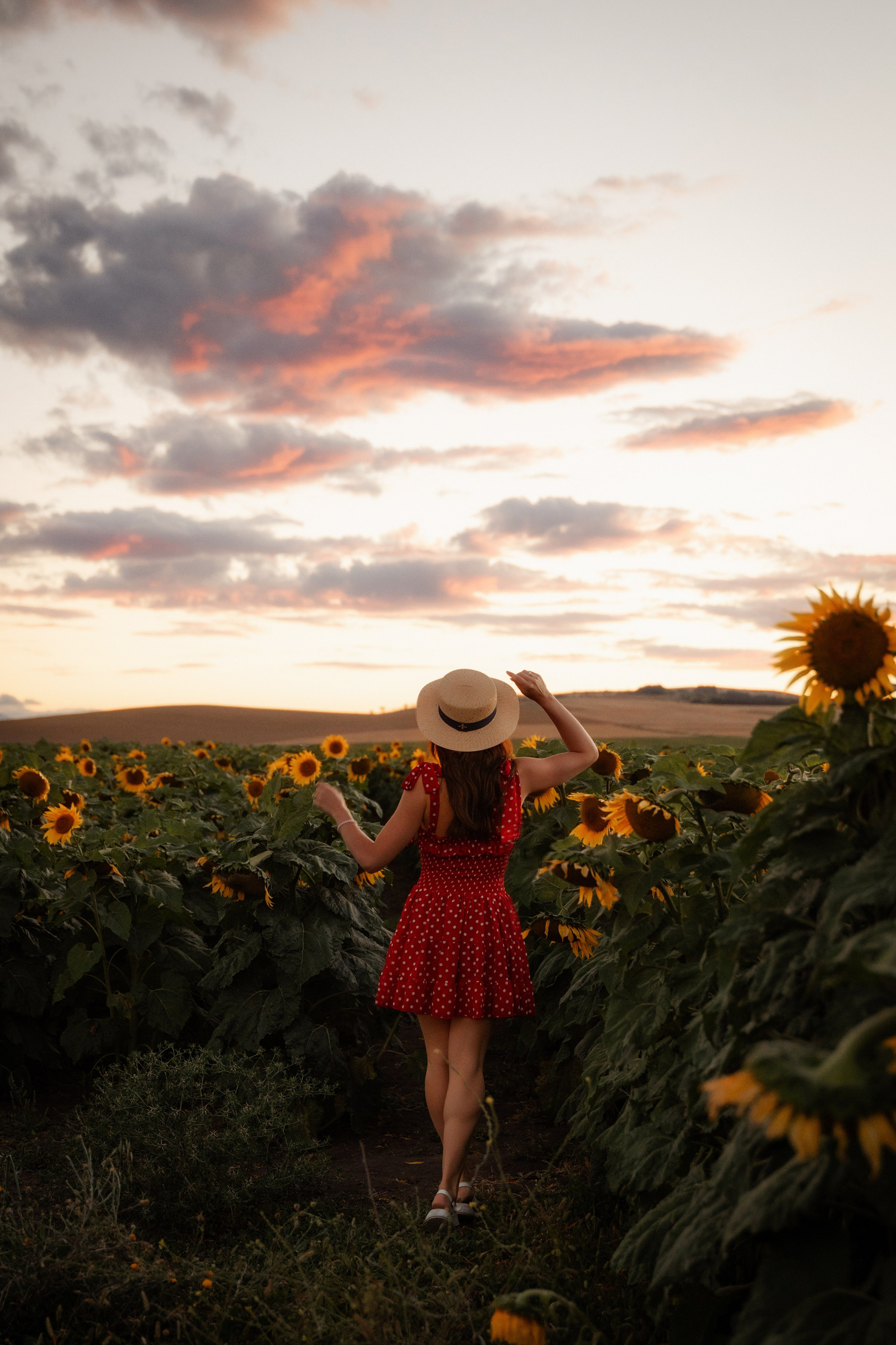 Elegant young woman posing in sunflower field at sunset, captured by Marbella portrait photographer
