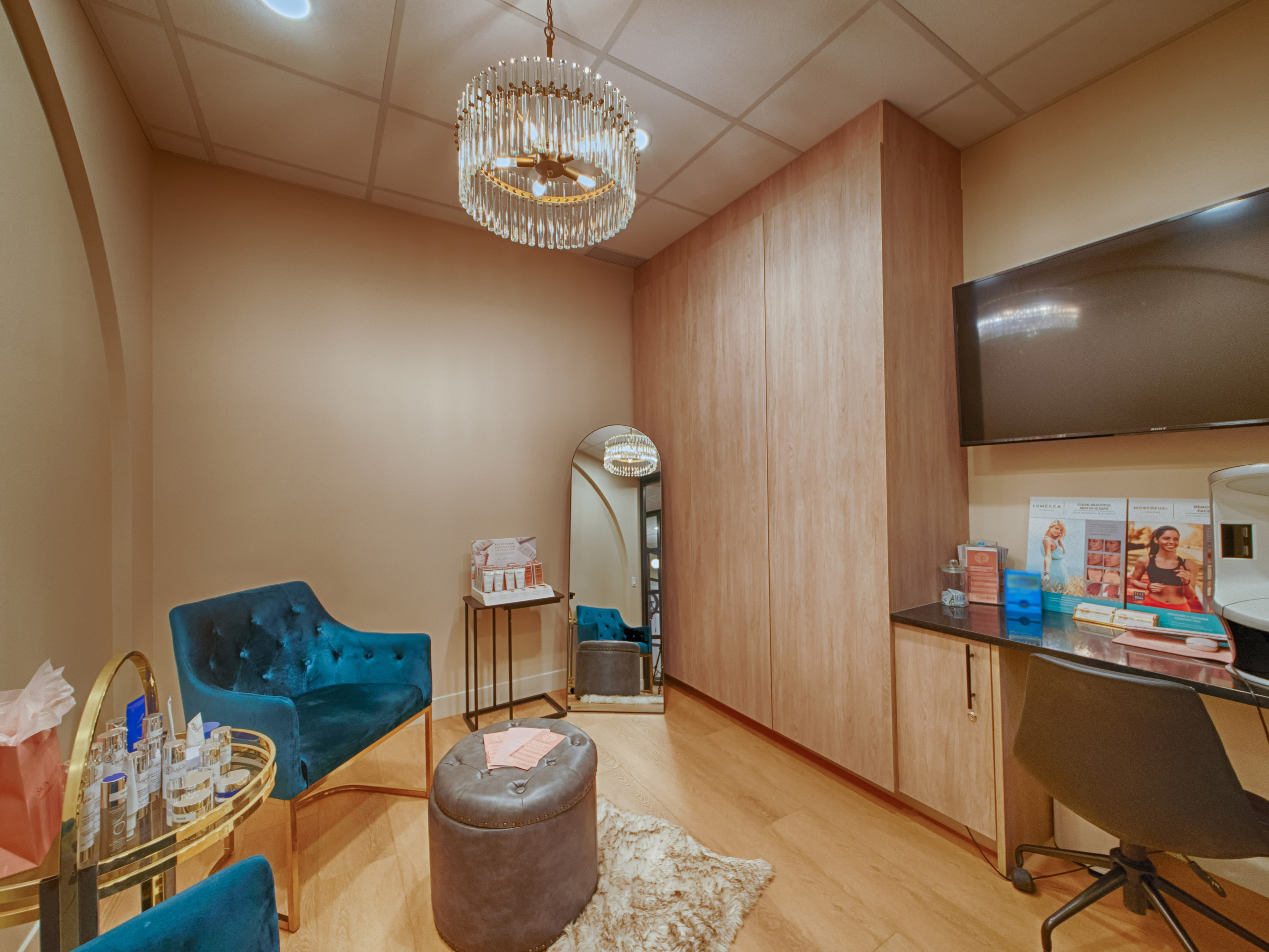 Skincare product display with natural lighting