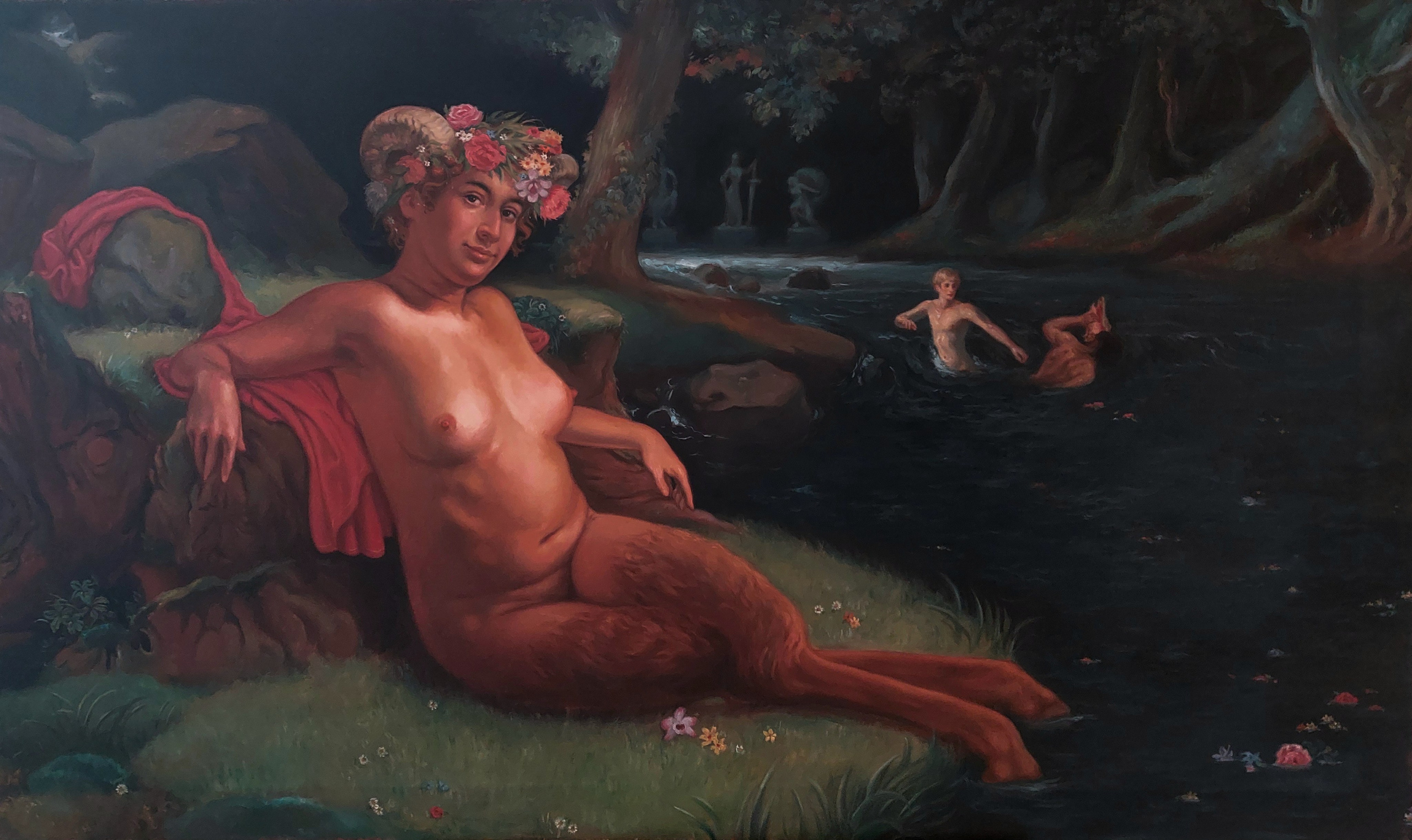 Fawnesse with Two Male Nymphs, oil painting, Barbara Cabral. Barbara Cabral