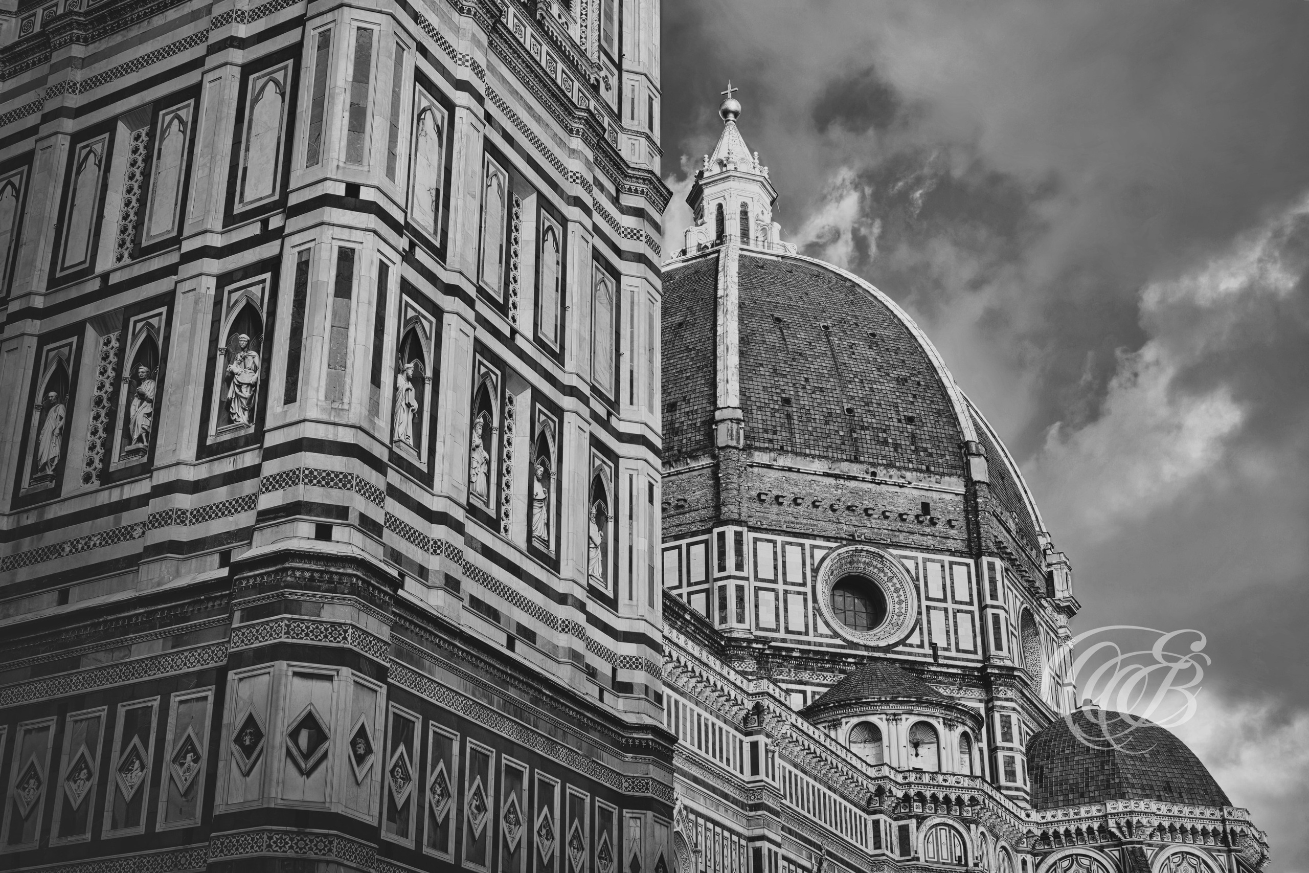 Florence Italy - Santa Maria del Fiore - B&W - B&W Matte - Eduardo Bartoli Fine Art Photography - Angled black-and-white matte photo of Santa Maria del Fiore and Giotto’s Bell Tower in Florence, Italy.