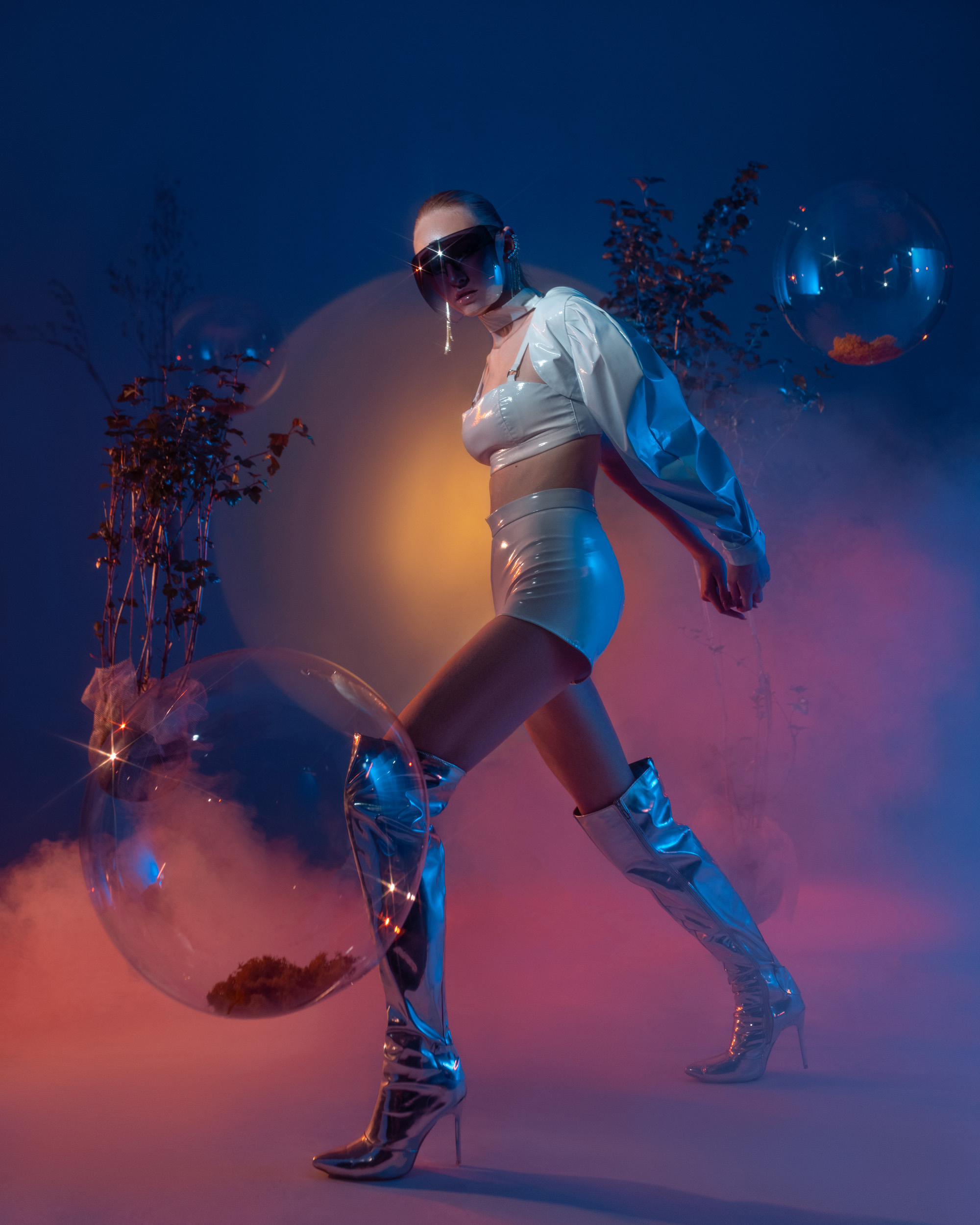 Moody fashion composition with shadow play and experimental styling, part of a conceptual photo series.