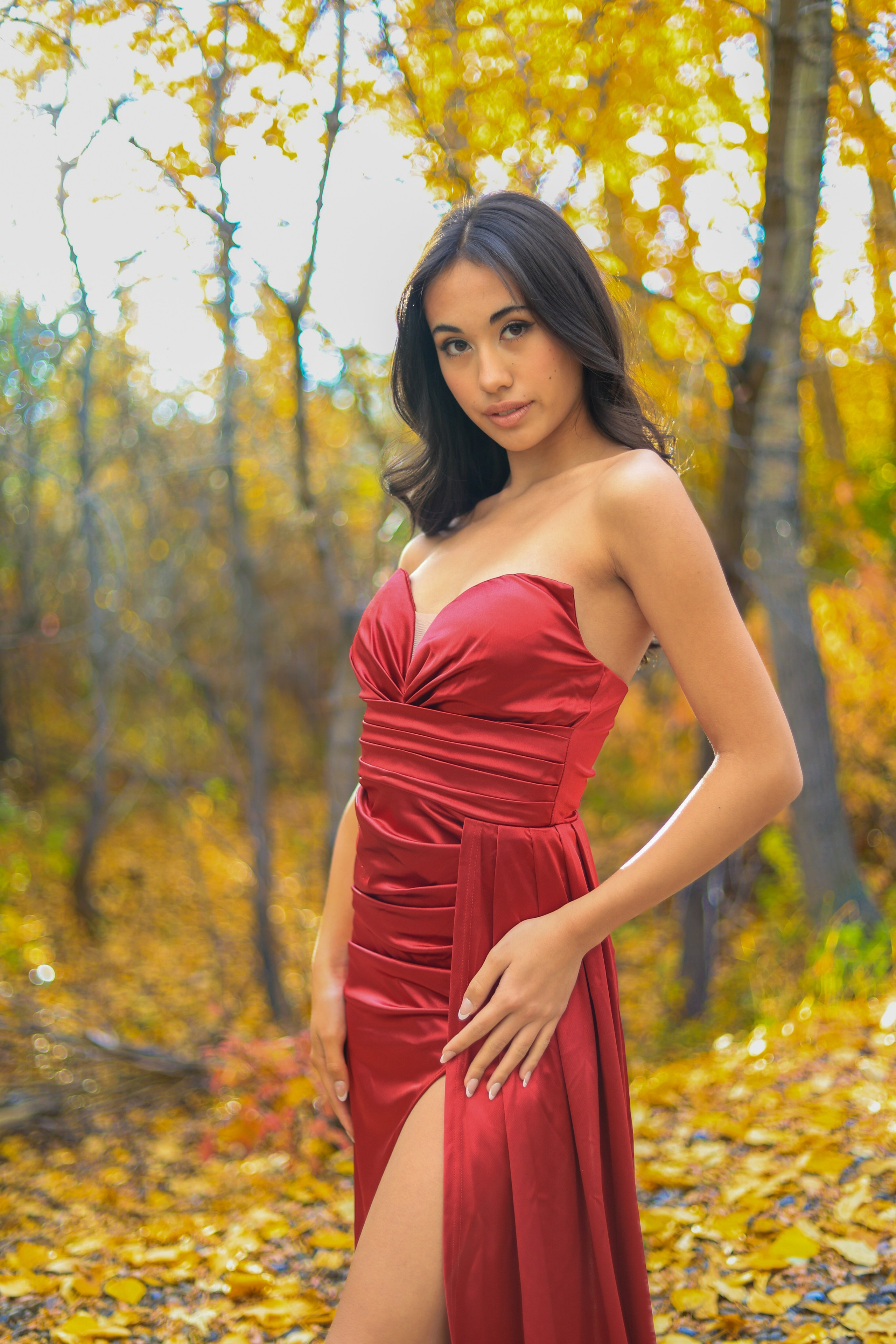 Autumn Elegance: Sidney Jean Victoria in a Red Dress. ProFly.club — Professional aerial filming in Calgary