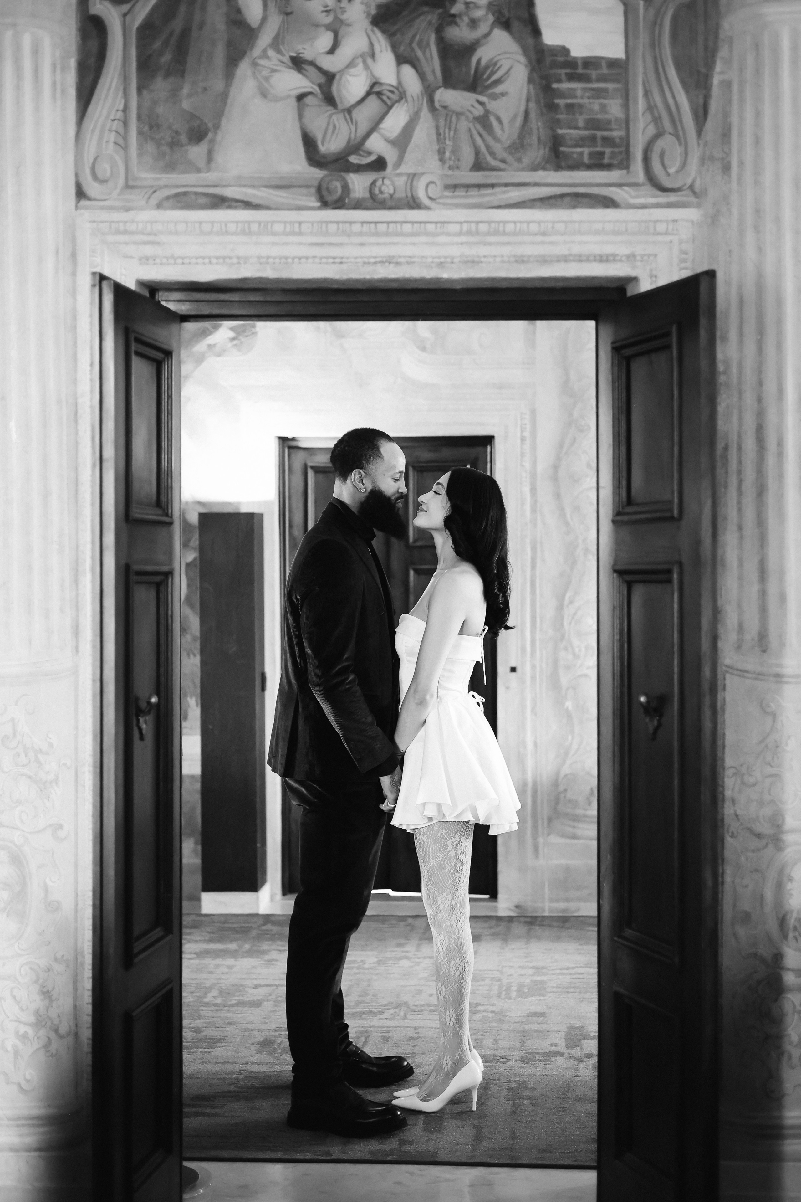 Romantic newlywed couple at luxury Mediterranean villa