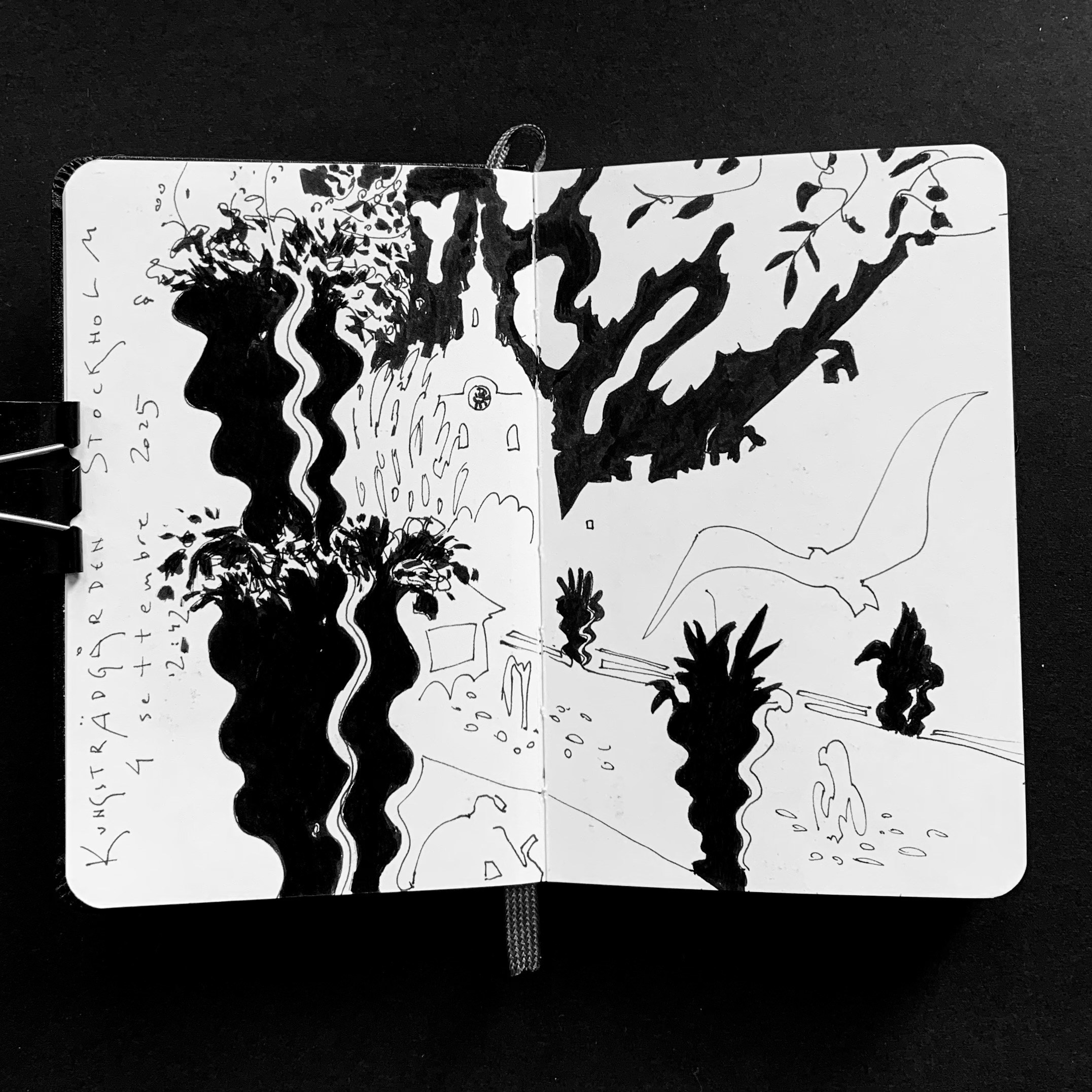Disegni in bianco e nero su taccuino Moleskine realizzati a Stoccolma nel corso di molti viaggi, parte di una ricerca artistica e progetto espositivo a lungo termine. Kungsträdgården ritad at illustratören Nadia Kuprina.