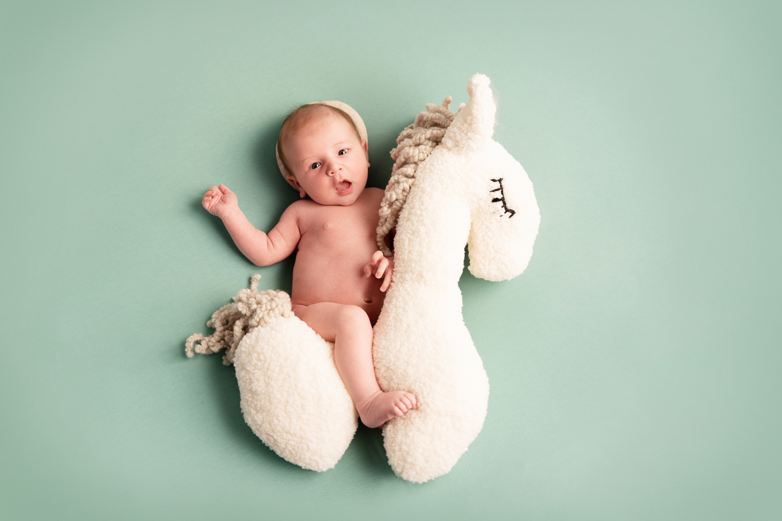 kreative Fotografie des Jungens in einem Fotostudio auf einem Pferd reitet