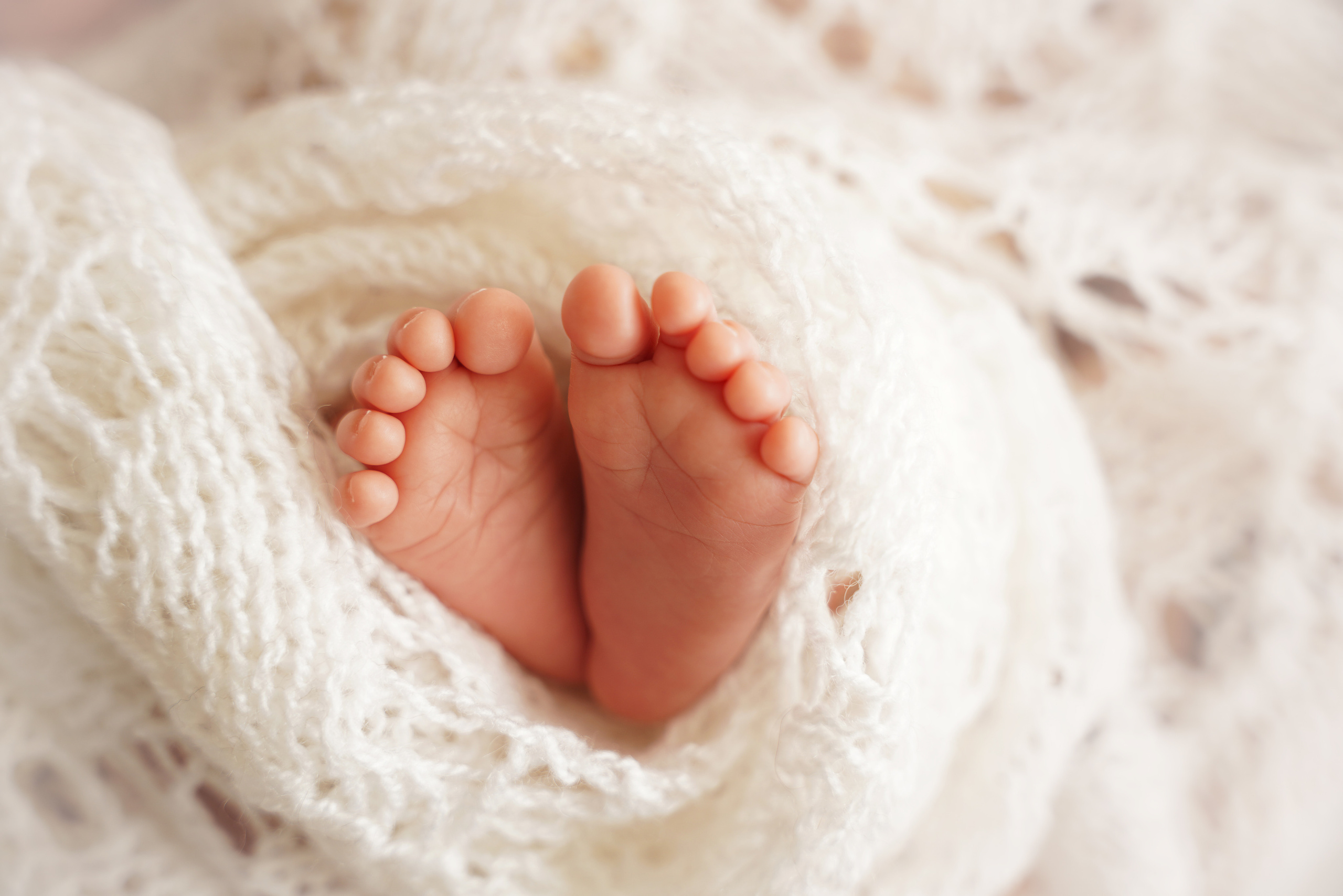 die Füße eines neugeborenen Babys sind gemütlich in eine weiße Decke gewickelt