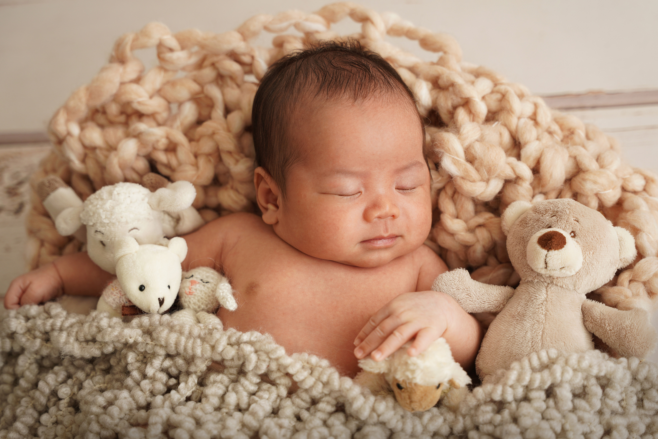 das Kind schläft gemütlich unter einer Decke, umgeben von Plüschtieren