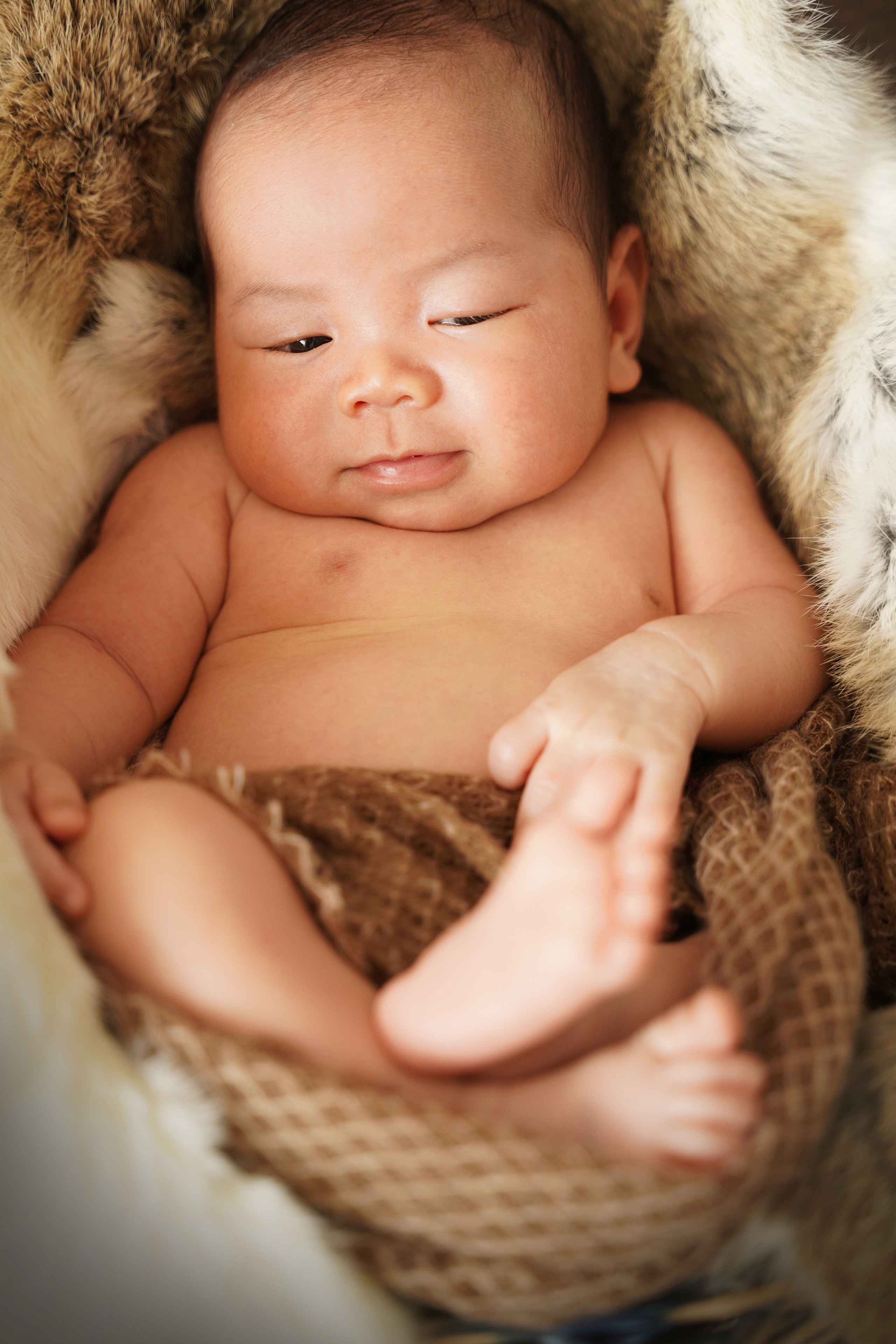 beim Newbornshooting in Augsburg das Baby wurde in den Korb gelegt und er lächelte