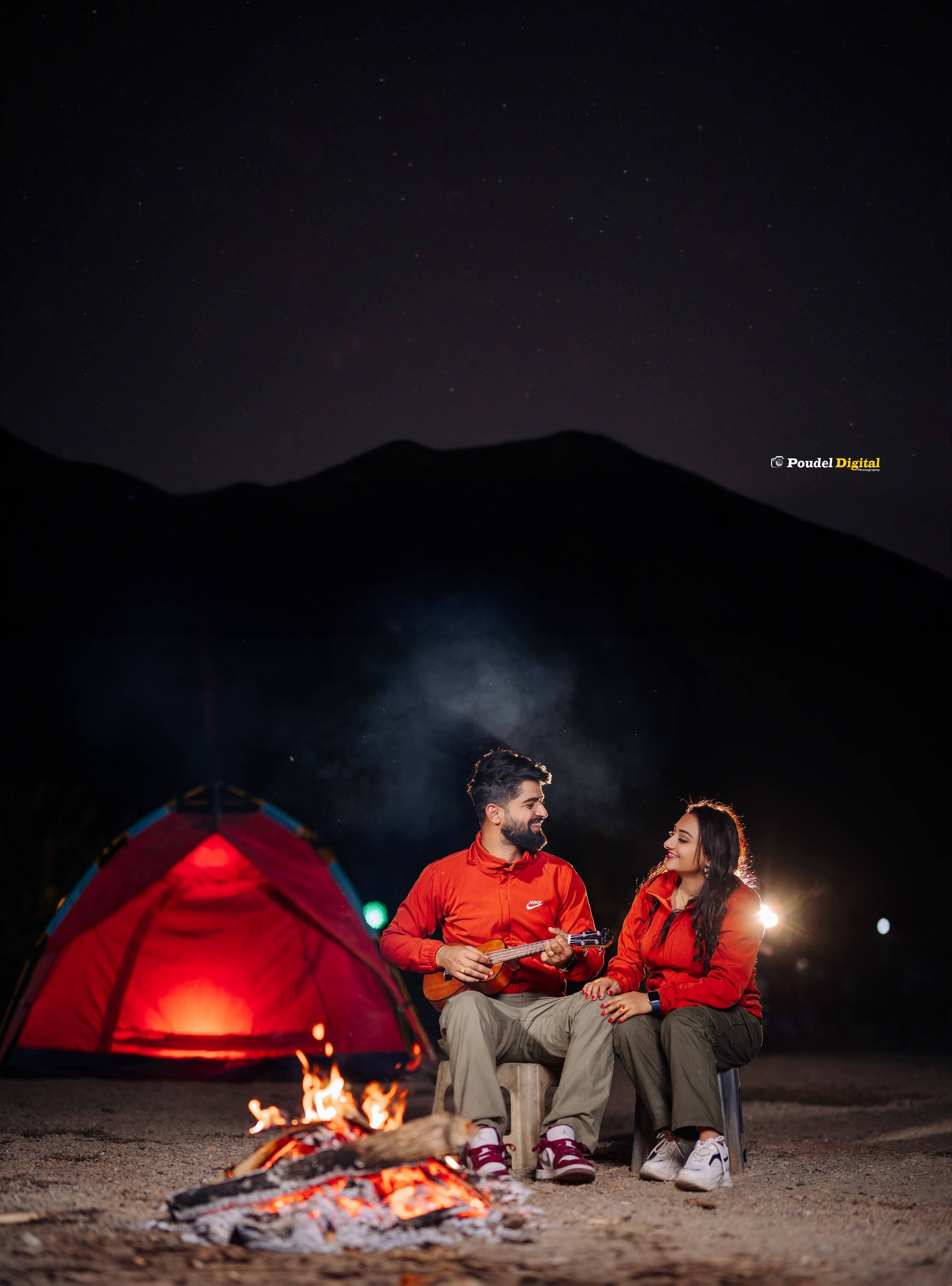 Amazing night couple photography with tent, campfire, and mountain background by Poudel Digital Photography Butwal Nepal