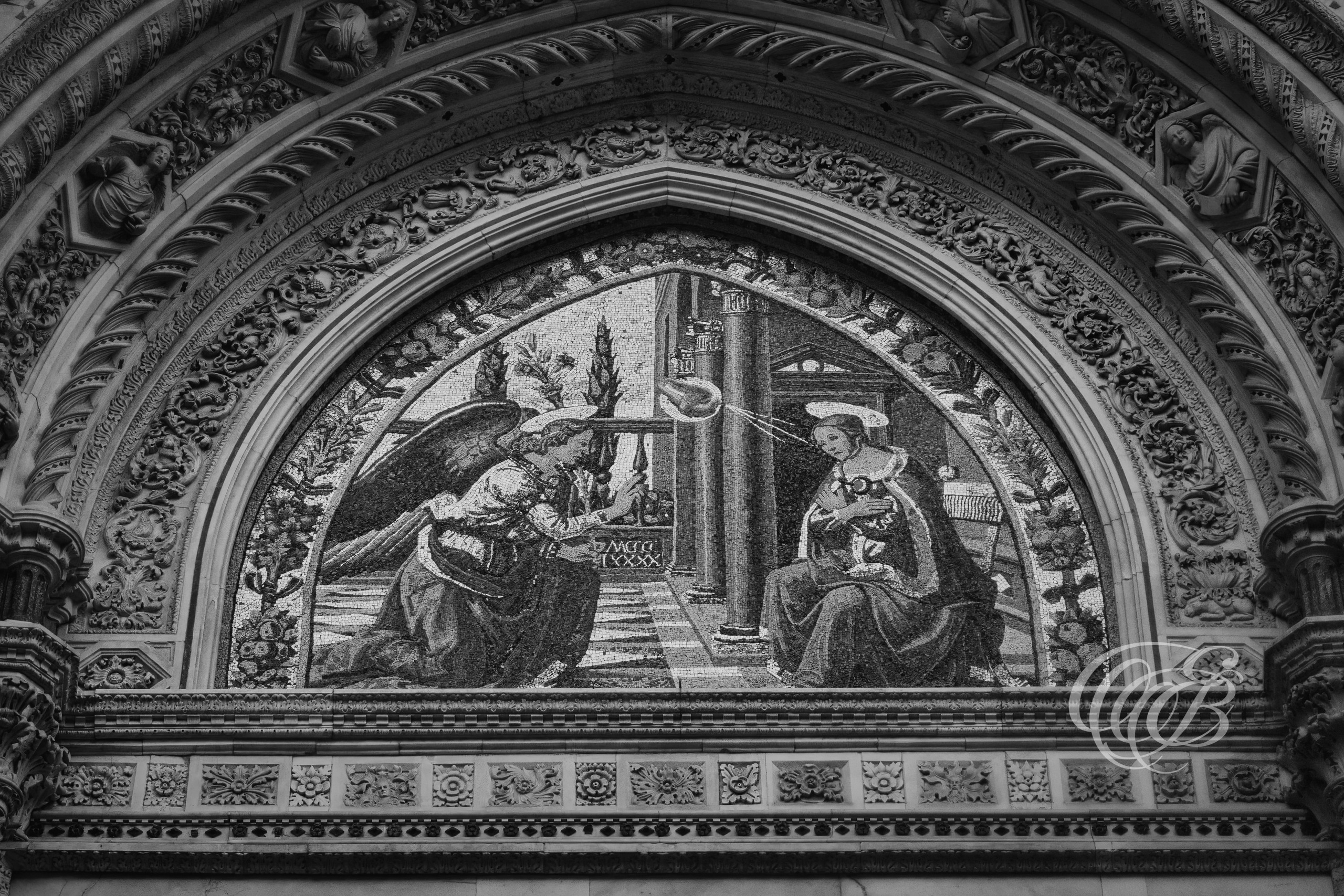 Florence Italy - The Annunciation at the Mandorla Gate - B&W - Eduardo Bartoli Fine Art Photography - Black-and-white photograph of the Annunciation mosaic at the Mandorla Gate of the Cathedral of Santa Maria del Fiore in Florence, Italy – fine art photography by Eduardo Bartoli.