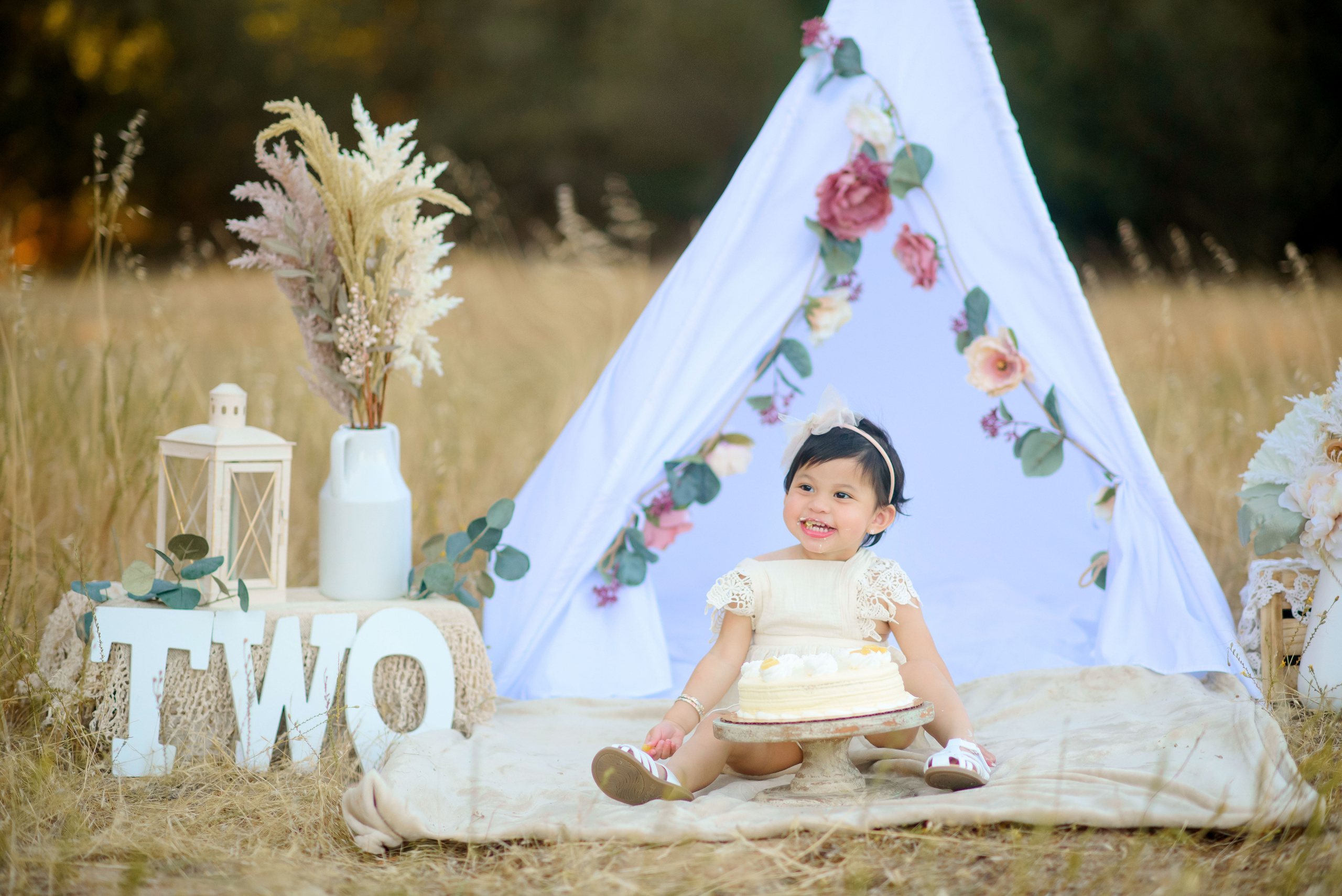 Second 2nd birthday girl photo shoot Boho. Family photographer in Roseville, Rocklin, Folsom, Sacramento