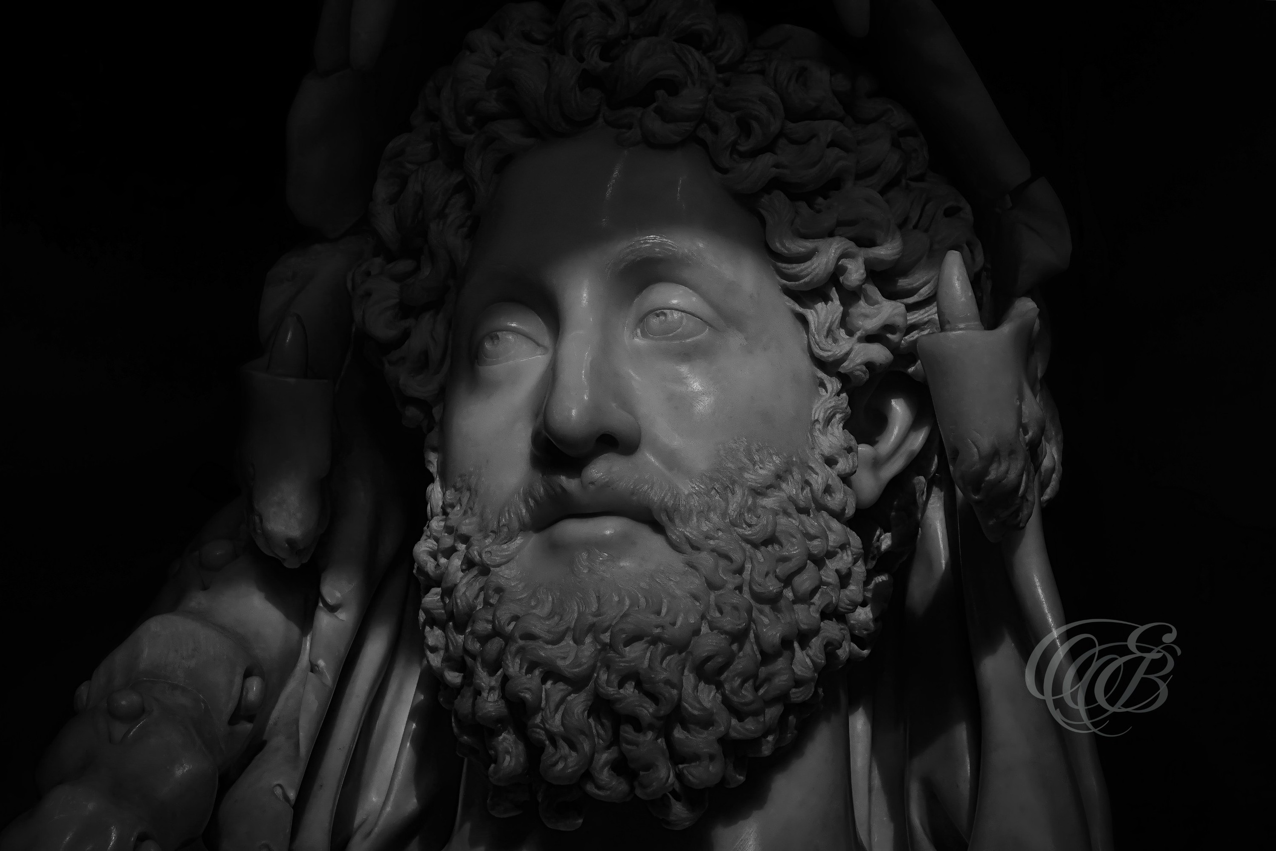 Rome Italy – Bust of Commodus depicted as Hercules, Roman imperial sculpture combining classical mythology and imperial authority, captured in black and white fine art photography. Rome, Italy – photography by Eduardo Bartoli.