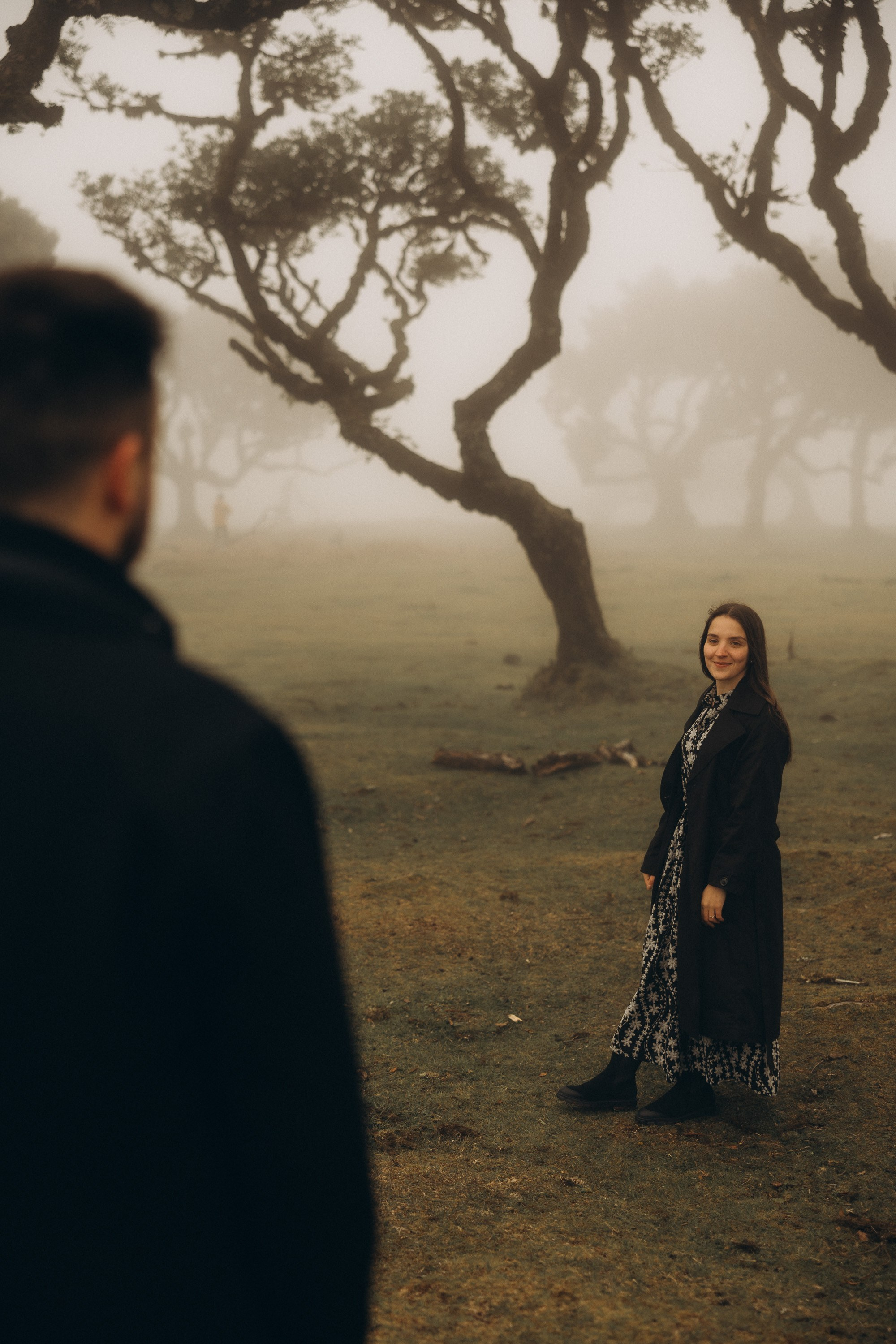 Couple photoshoot in Fanal Forest Madeira PortugalA romantic couple standing amidst the ancient laurel trees of Fanal Forest, Madeira, surrounded by a mystical fog that adds an ethereal touch to the scene