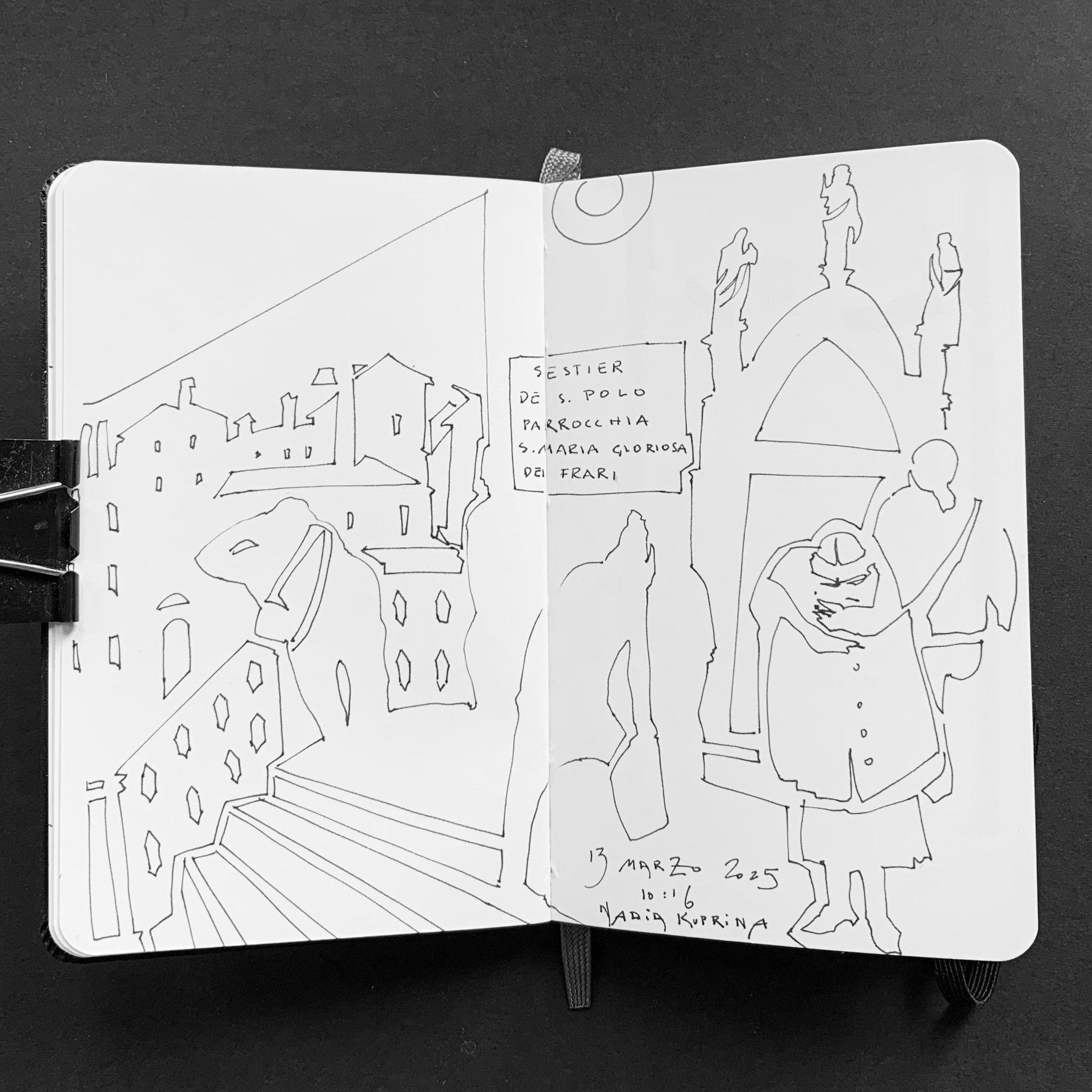 Moleskine notebook with original drawings made in Venice, research on paper for an editorial project by an artist who lives and works in Venice. A drawing of the Frari bridge seen from a caffe.