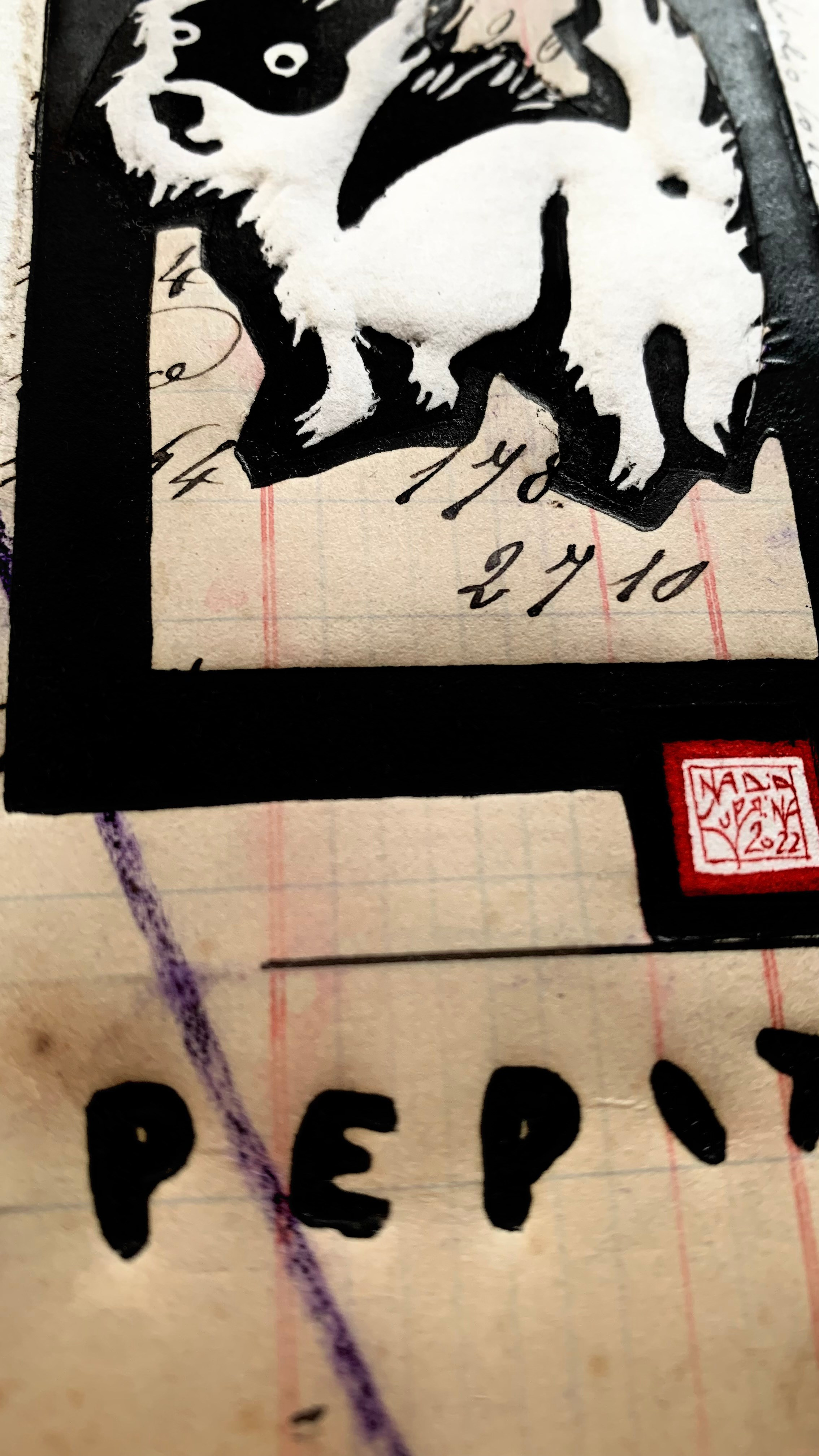 Small print, linocut, linogravire, linograbado, hand print, lovestory, family story, collage, collage art, collage print, cat and dog, funny dog, pets, animal stories, dog lover