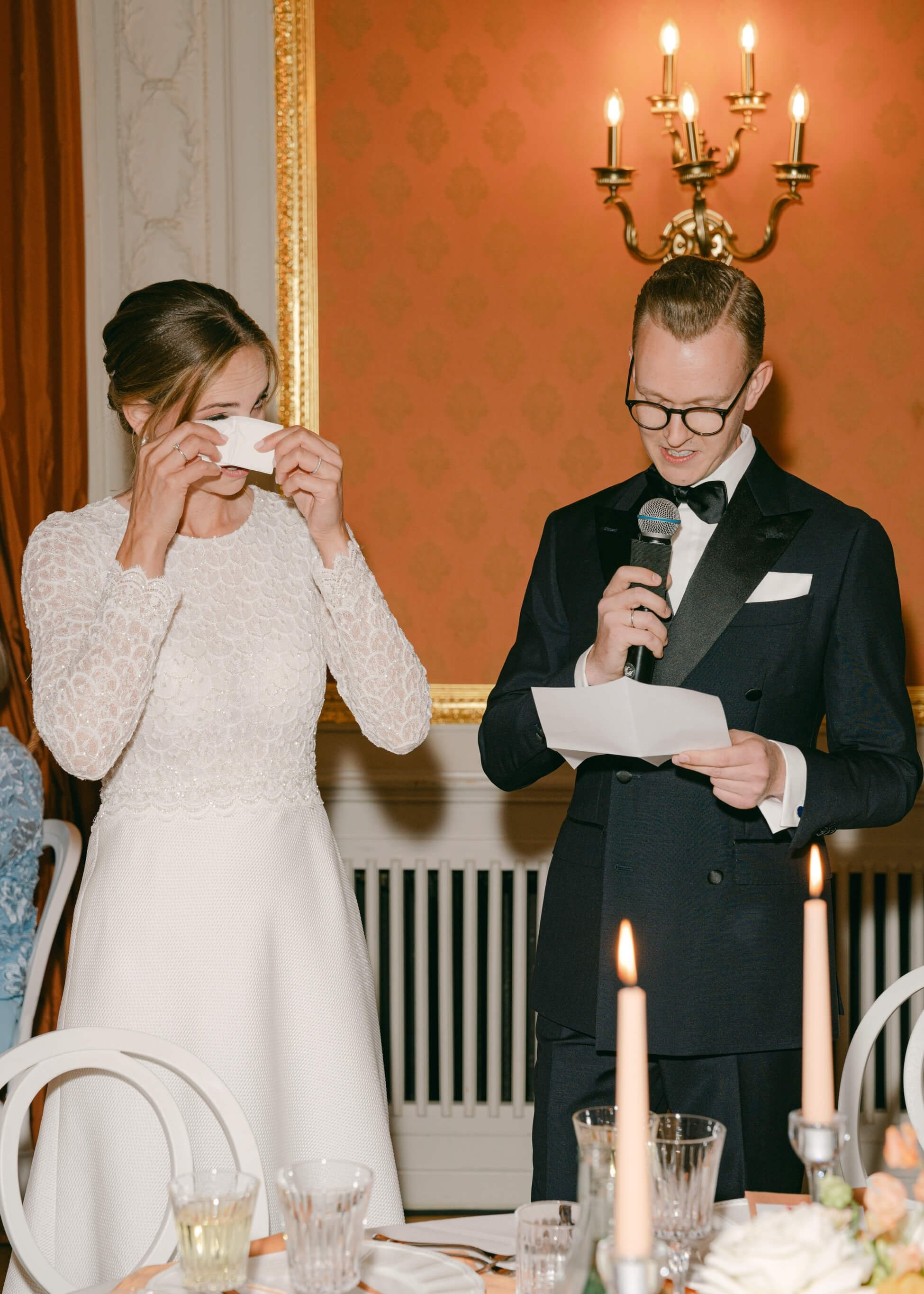 Bride and groom at wedding speech podium, luxury wedding reception Villa Rothschild Frankfurt