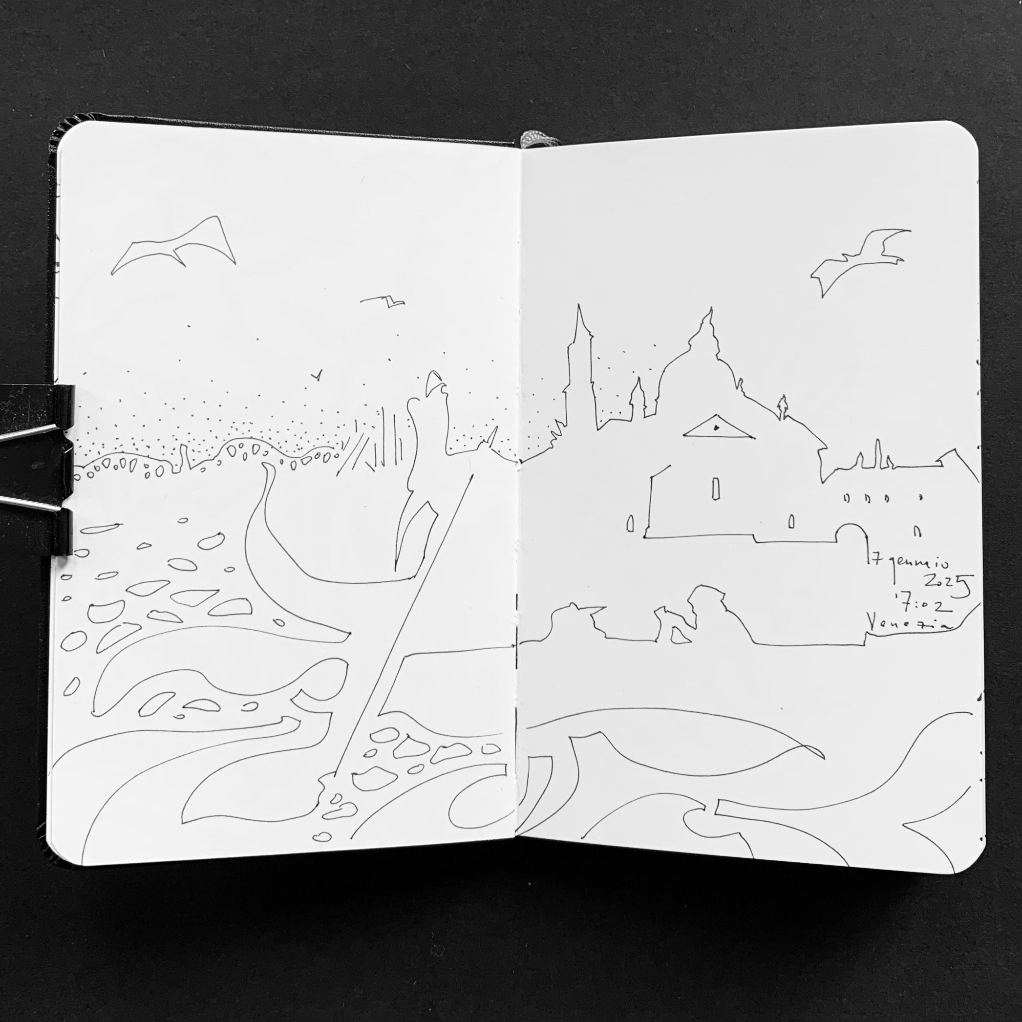 Moleskine notebook with original drawings made in Venice, research on paper for an editorial project by an artist who lives and works in Venice. An airy linear drawing featuring a gondoliere in Venice.