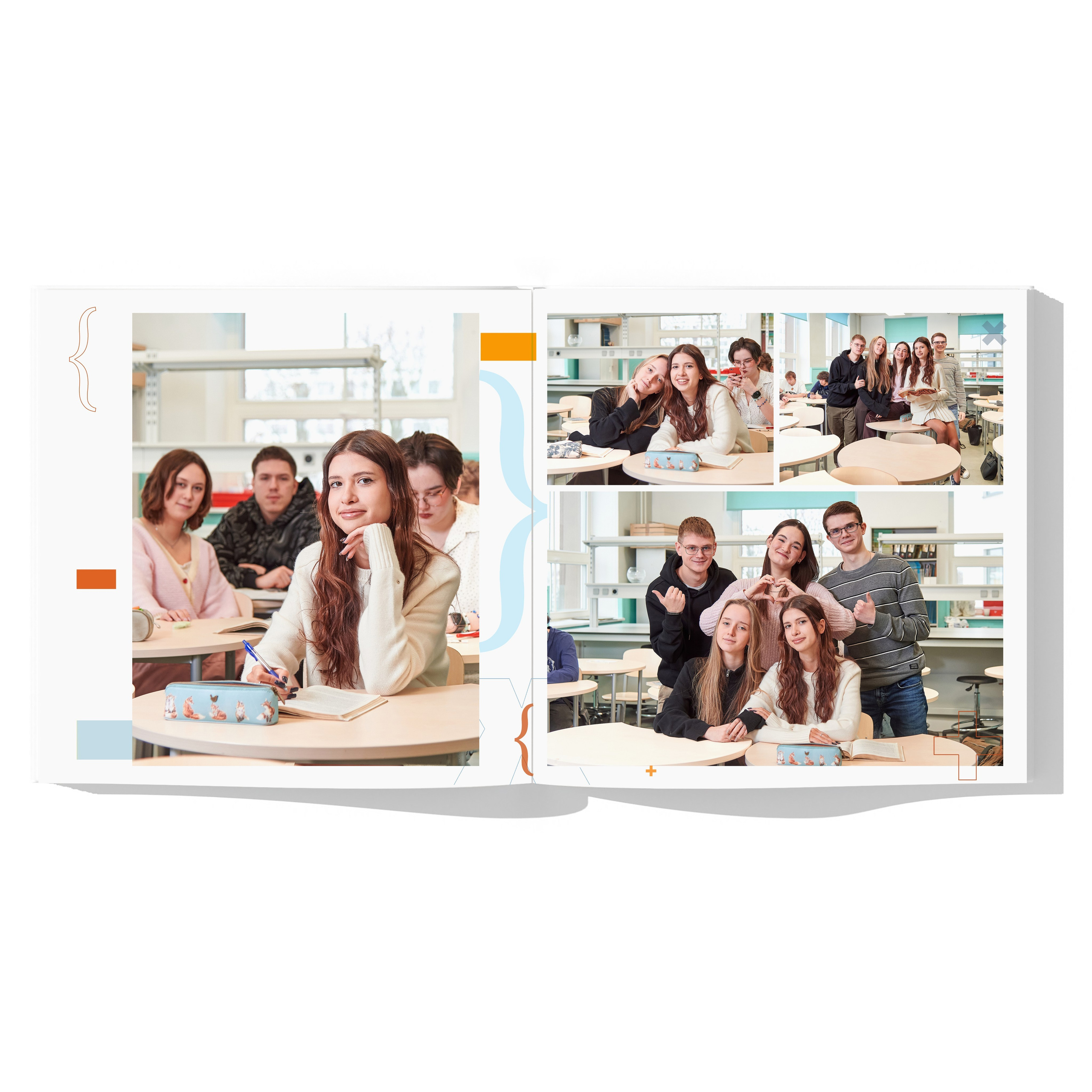 Разворот с портером ученика в классе на уроке и портреты с друзьями за школьной партой