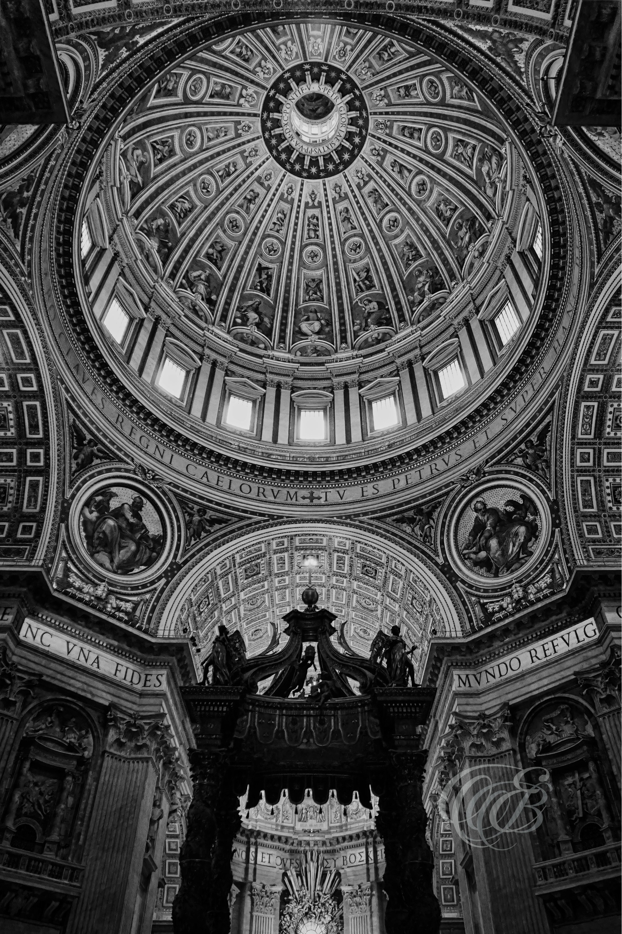 Rome Italy – Interior beneath the dome of St. Peter’s Basilica, Renaissance architectural structure designed by Michelangelo, captured in black and white fine art photography. Rome, Italy – photography by Eduardo Bartoli.