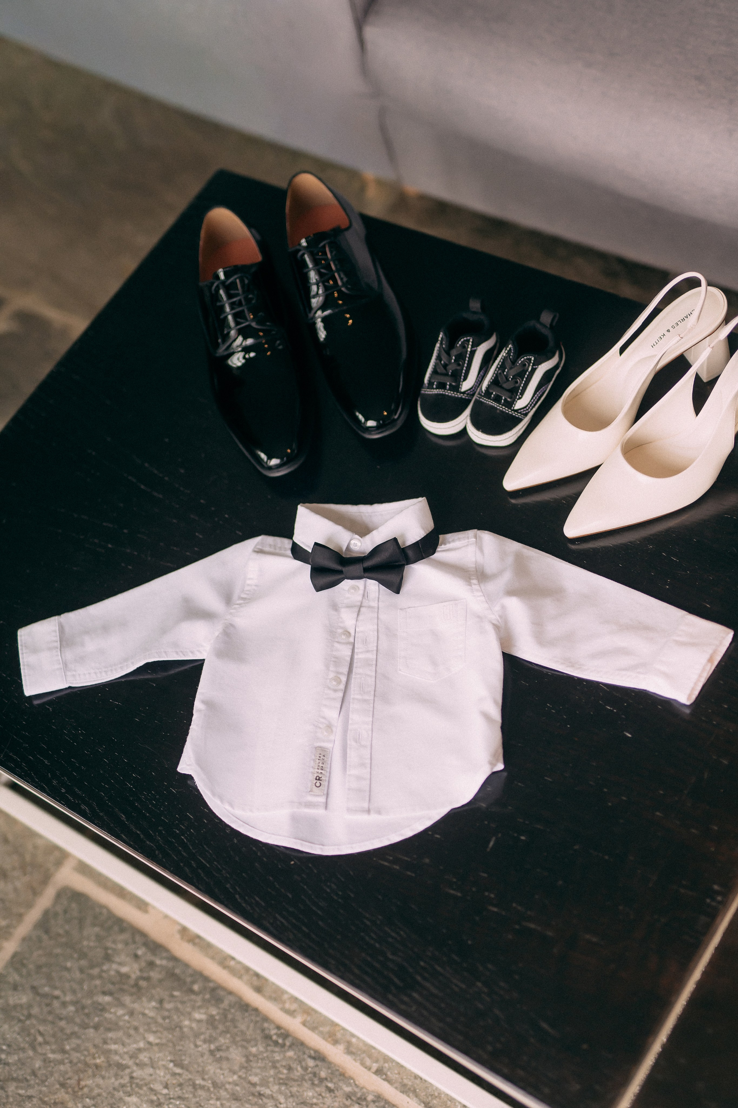 Bride's wedding shoes flat lay photographed at Villa Lario, Lake Como, Italy