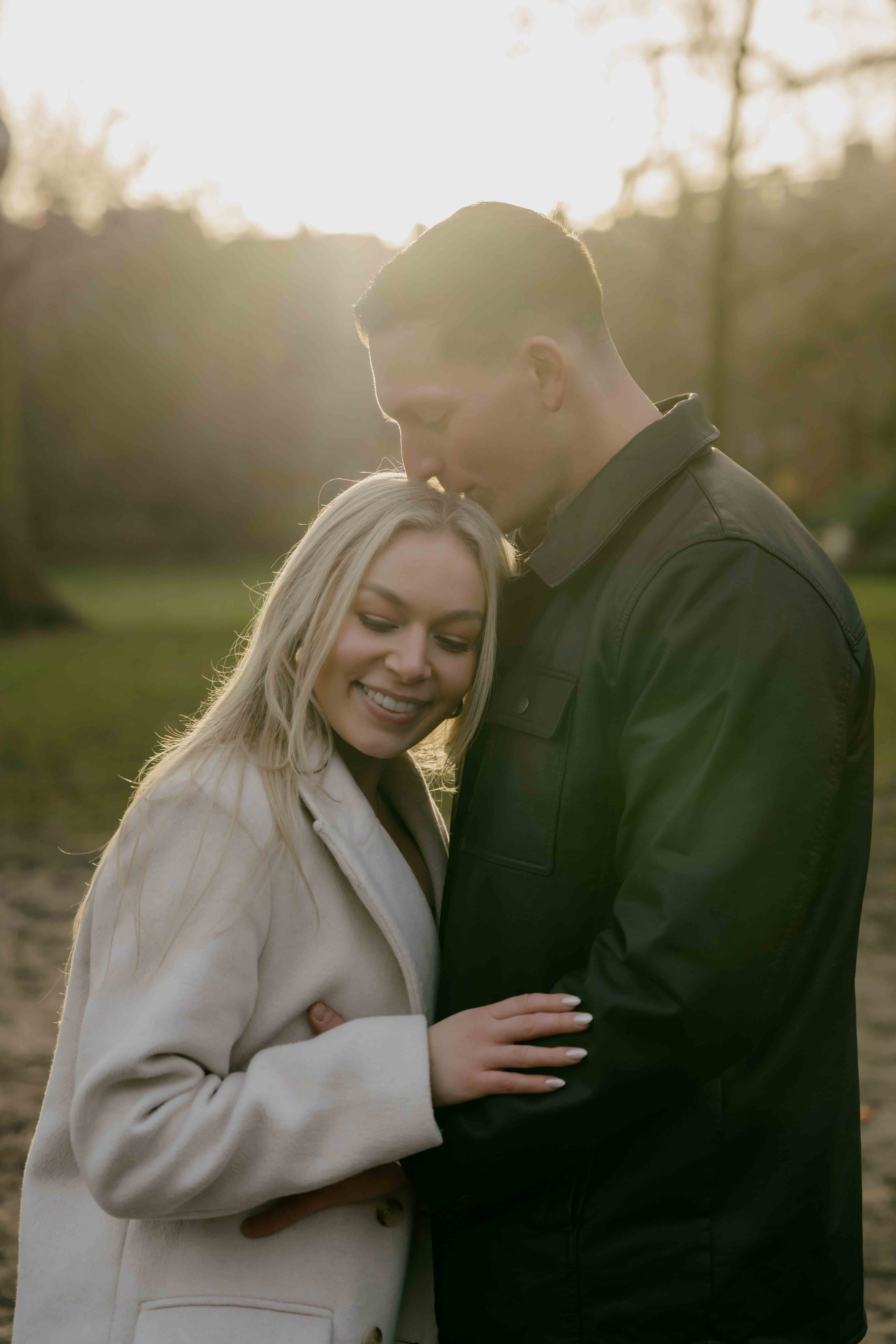 Romantic couple portrait in soft morning light London engagement photography