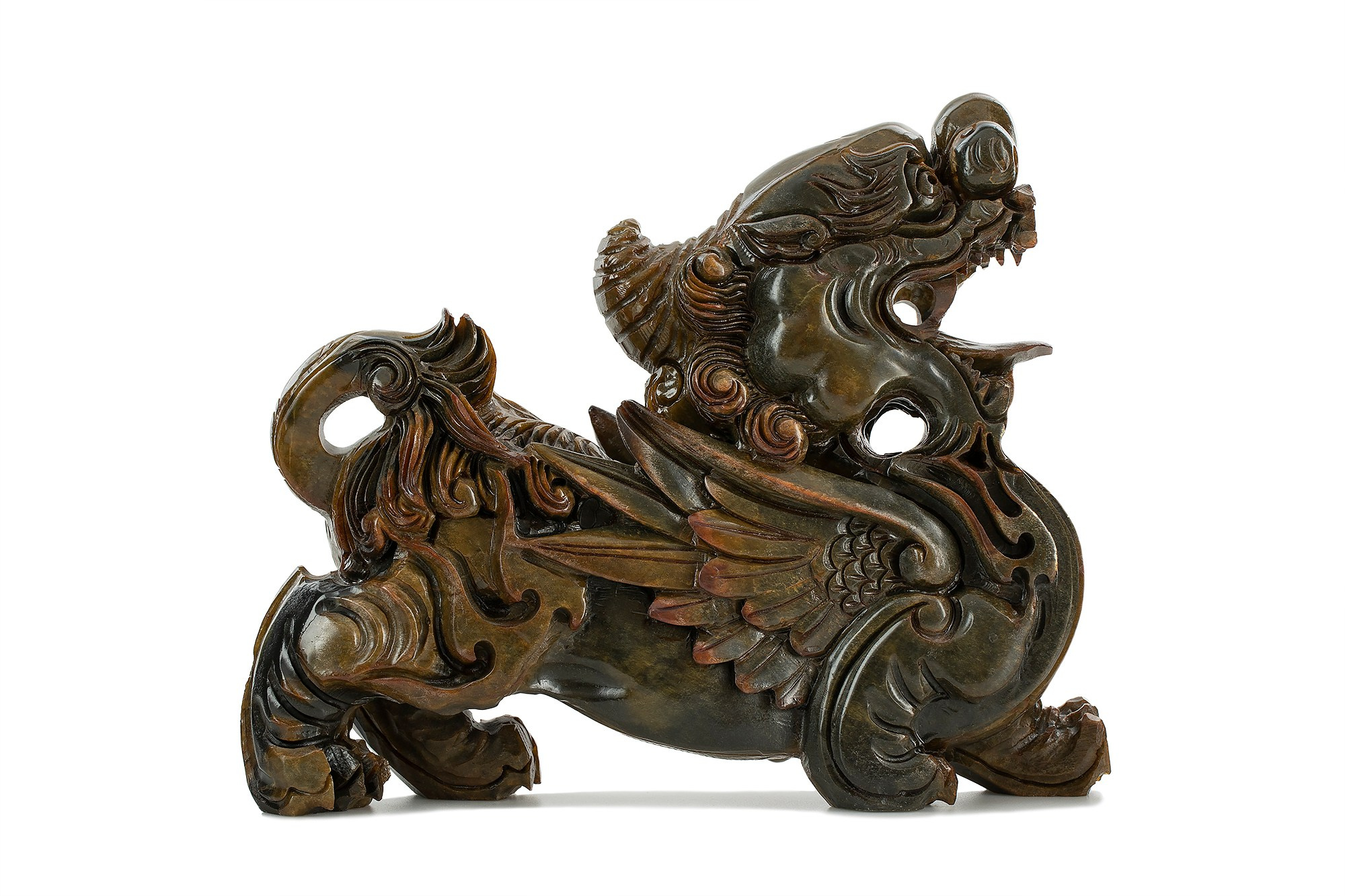 Photographer Roman Djuzev - Stone sculpture of the Kylin dragon, a magical animal of Chinese mythology that brings good luck on a white background.