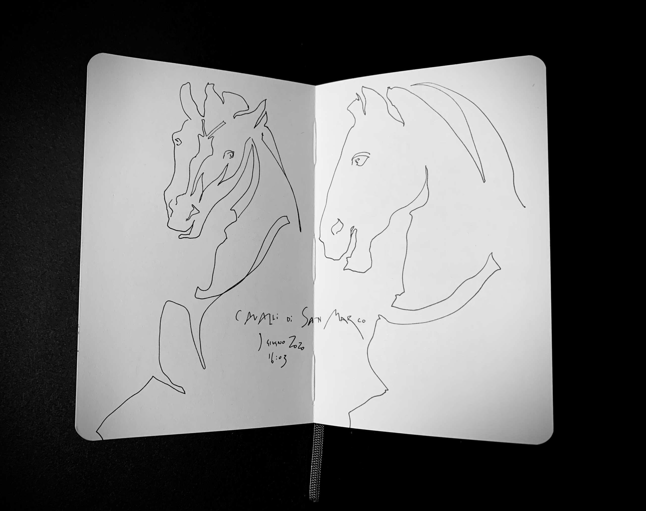 Moleskine notebook with original drawings made in Venice, works on paper developed as part of an artist’s editorial project. A linear drawing of two bronze horses,