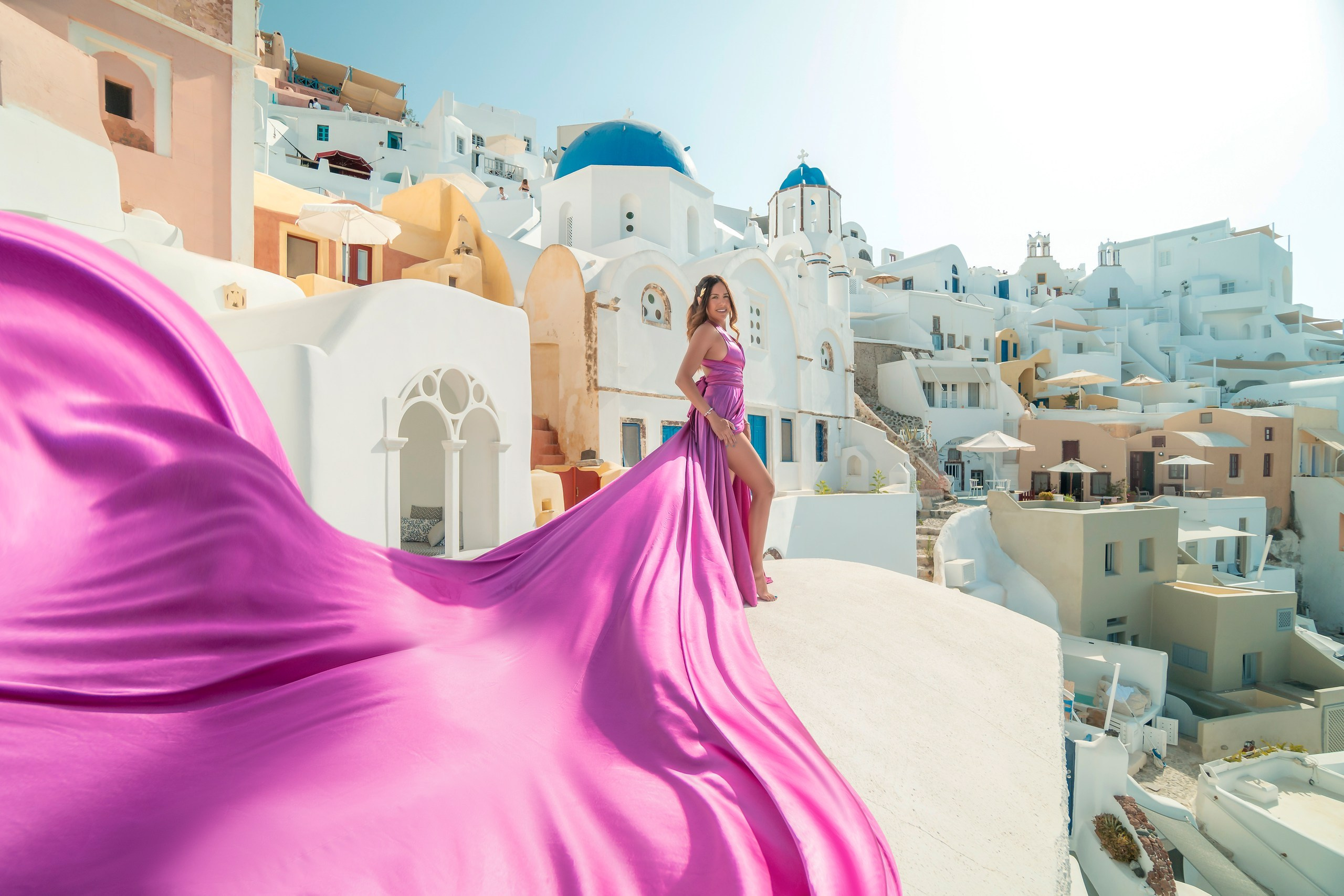 Fuchsia Flying Dress Rental | Satin Backless | Rent for 100 Euros. Photographer in Santorini SokoLOVE Alex| Flying Dress Santorini
