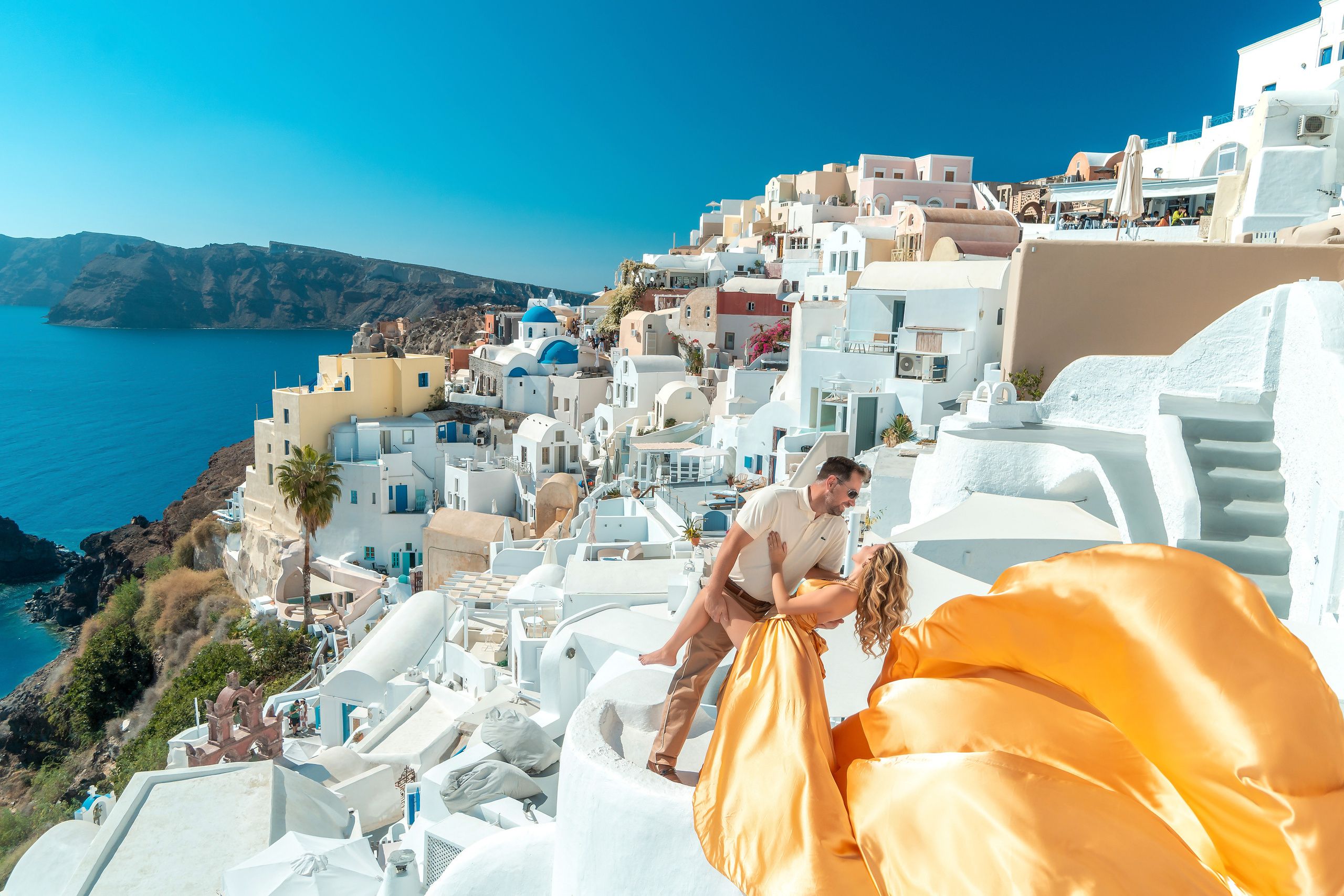 Yellow gold Flying Dress Santorini. Photographer in Santorini SokoLOVE Alex| Flying Dress Santorini