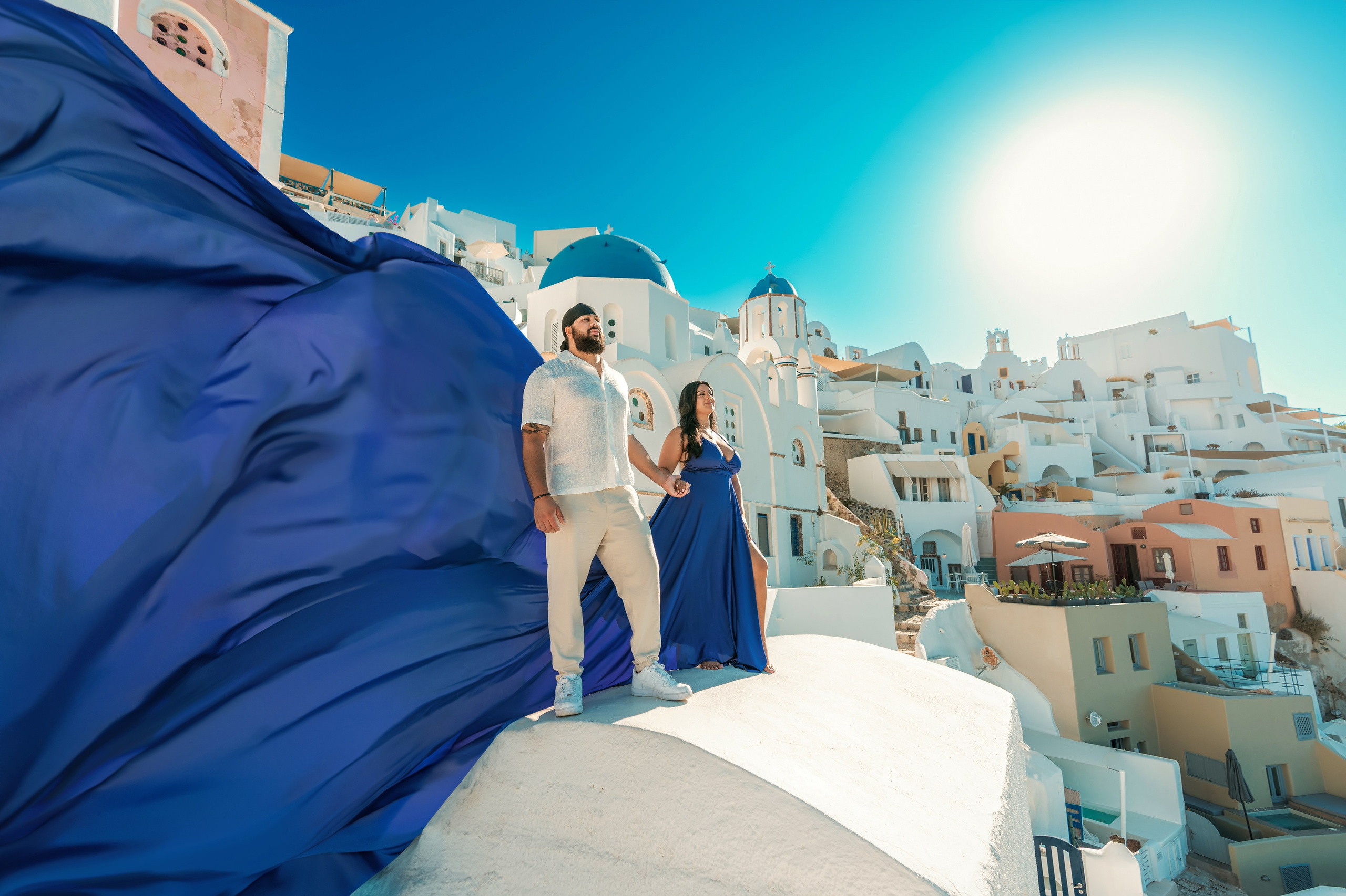 Royal Blue Flying Dress with V-Back | Elegant Flowing Gown XS-XL. Flying Dress Santorini Photographer | SokoLOVE — Book 2026