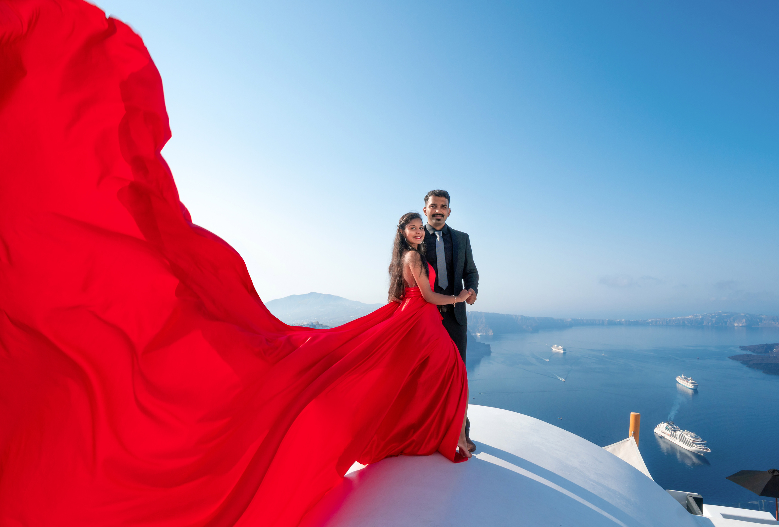 "Red Flying Dress Santorini"