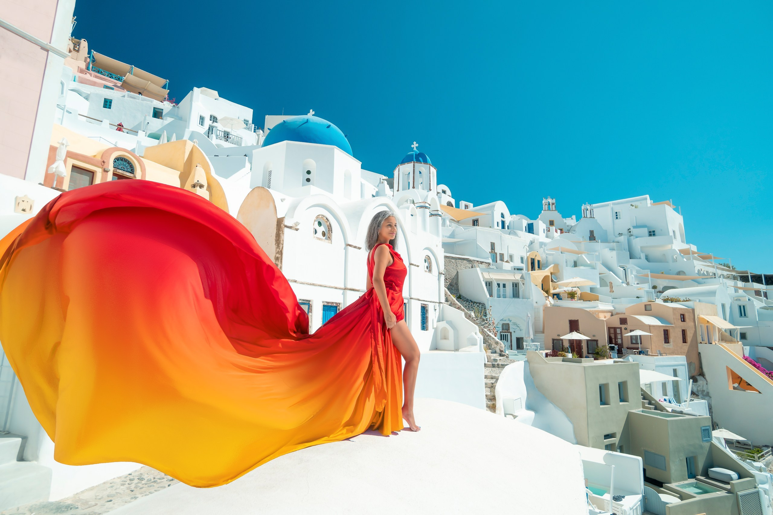 Red Plus Size Flying Dress with Ruffles & V-Shaped Back | Santorini Photo Session. Photographer in Santorini SokoLOVE Alex| Flying Dress Santorini