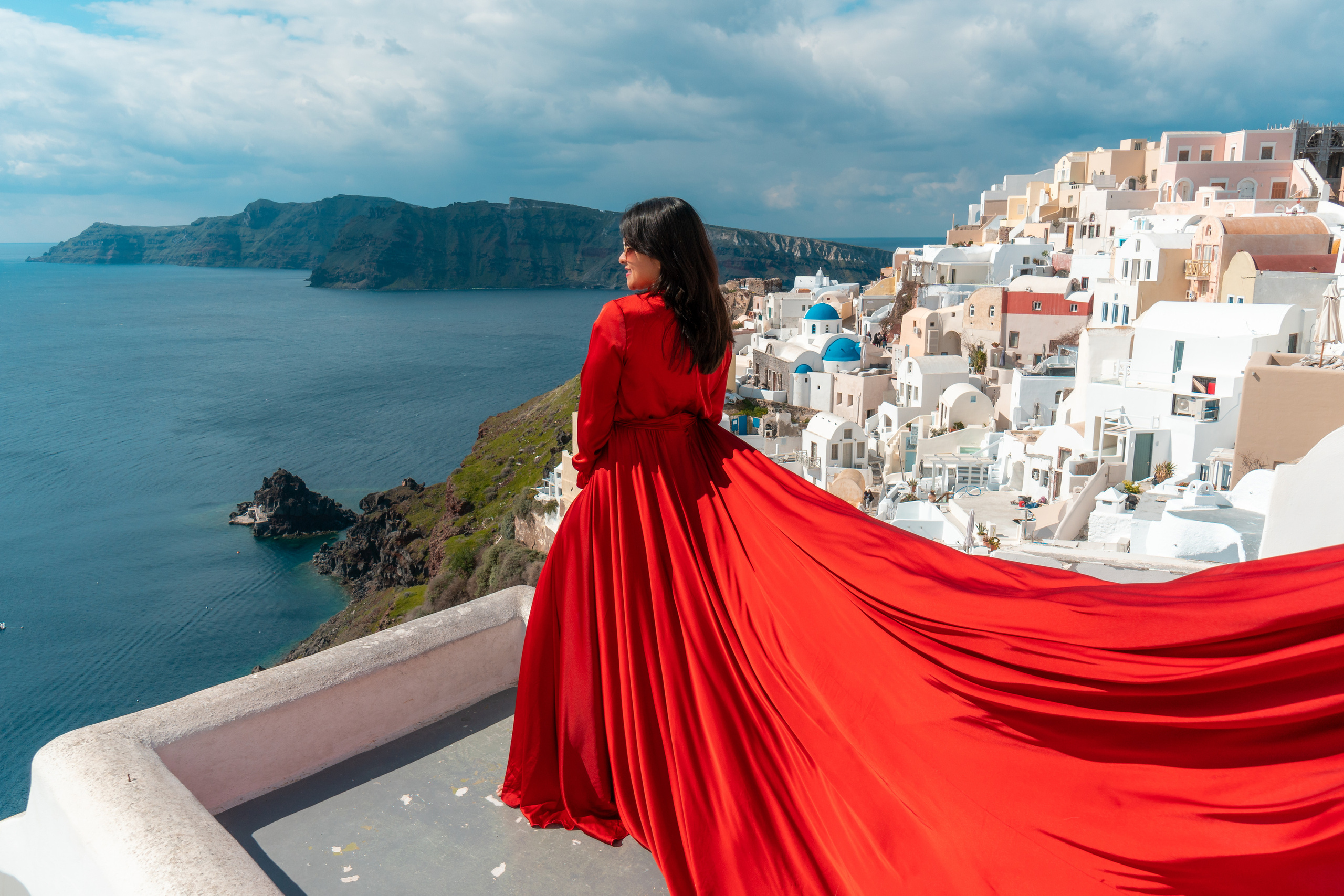 Red Long Sleeve Flying Dress Rent in Santorini. Photographer in Santorini SokoLOVE Alex| Flying Dress Santorini