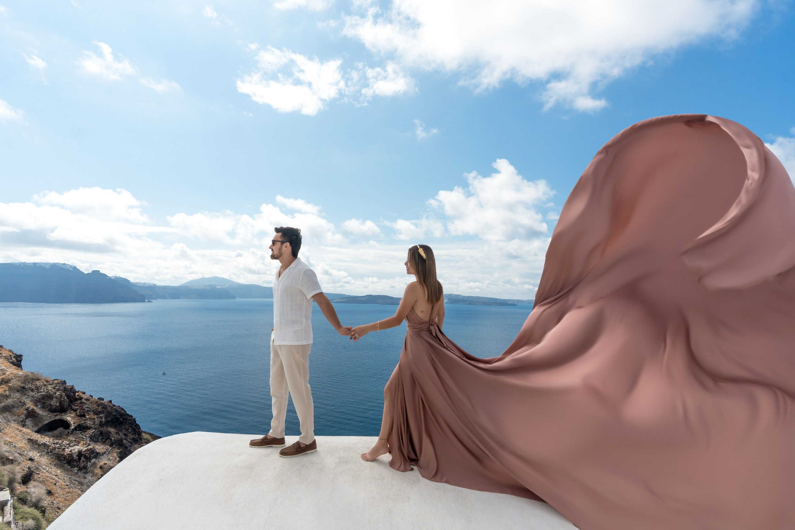 Mocha Mousse Flying Dress in Santorini 2025: Bare Back Elegance in Motion. Photographer in Santorini SokoLOVE Alex| Flying Dress Santorini