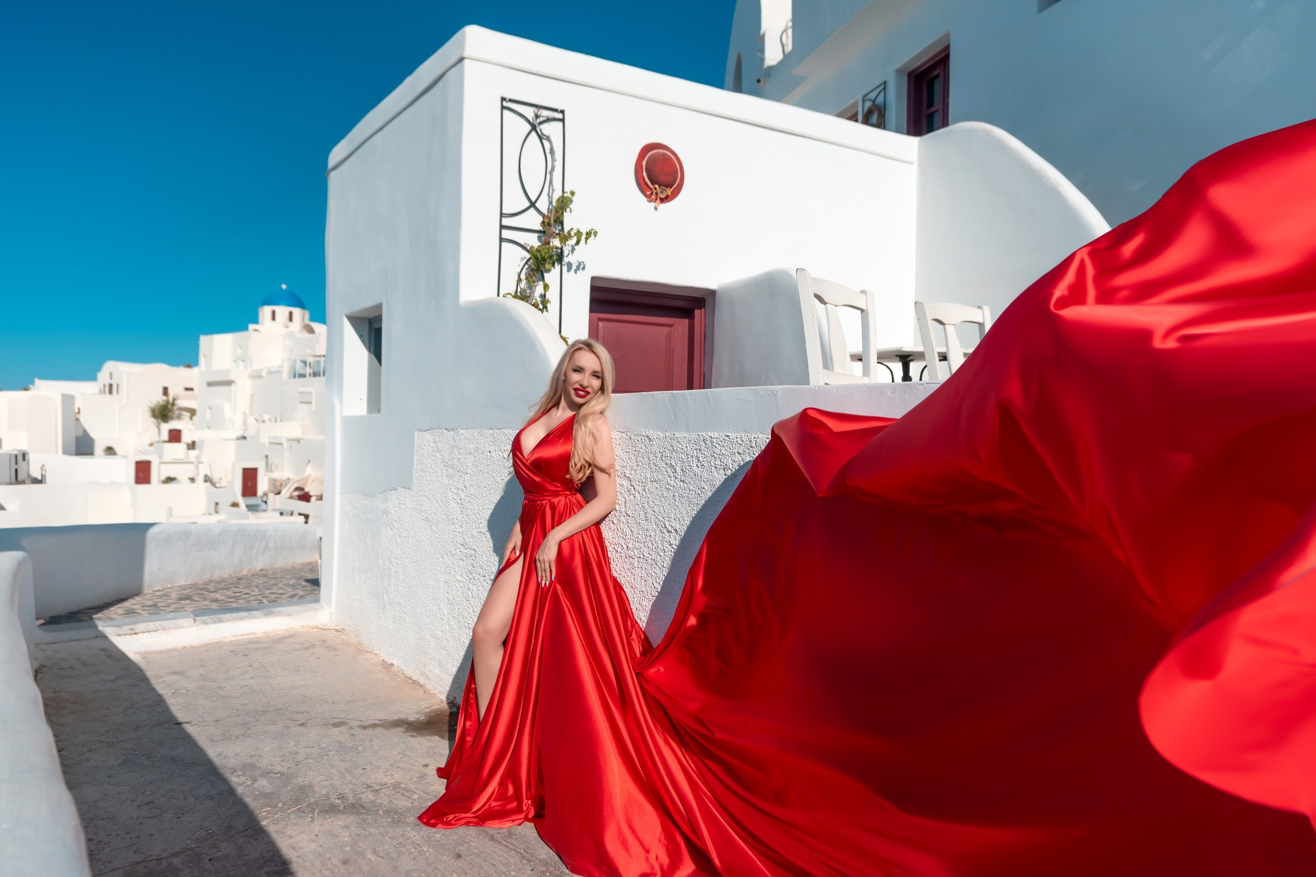 Red Flying Dress Backless. Photographer in Santorini SokoLOVE Alex| Flying Dress Santorini