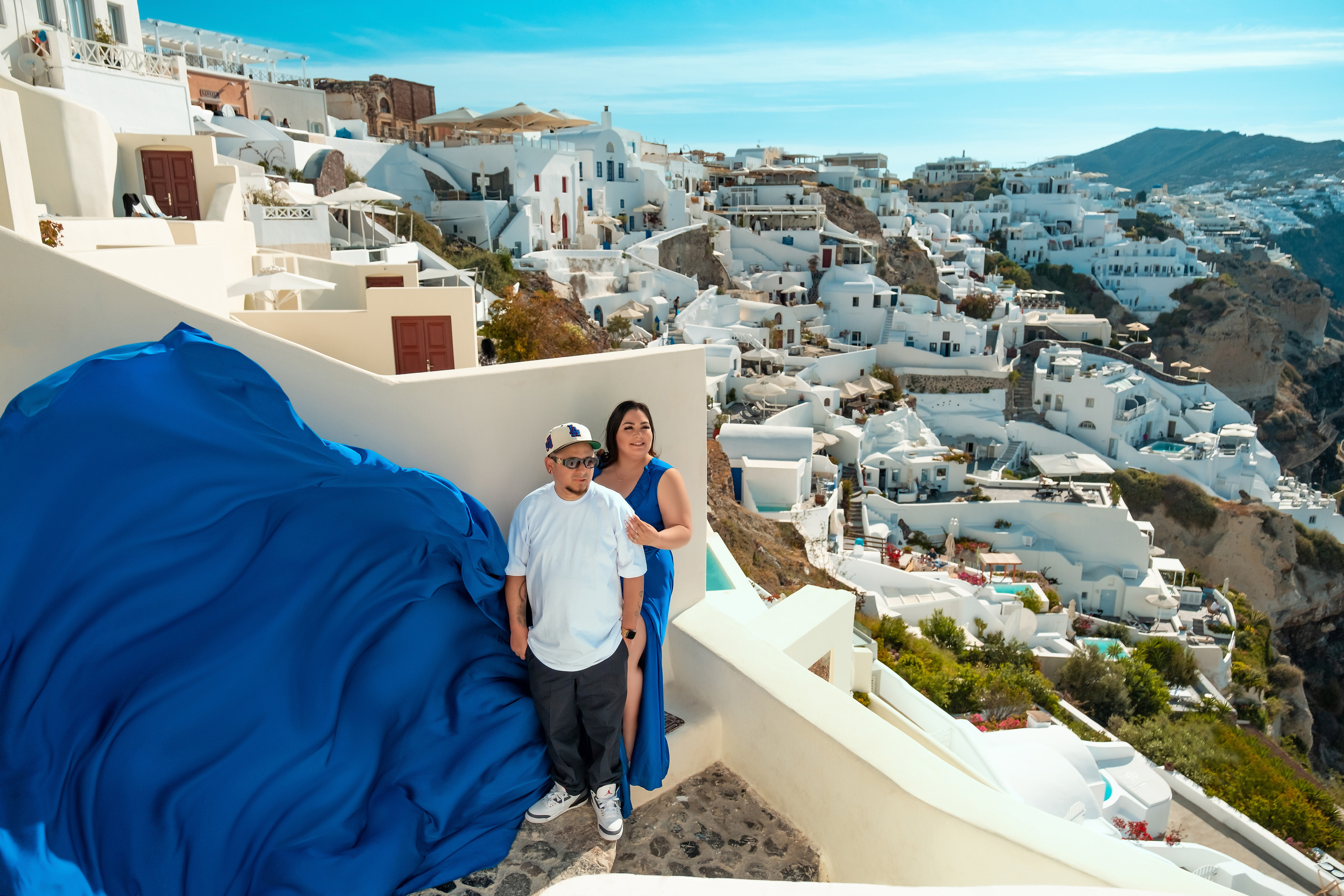 Royal Blue Dress with Ruffles V-Shaped Back plus size  Santorini Photoshoot Gown. Photographer in Santorini SokoLOVE Alex| Flying Dress Santorini